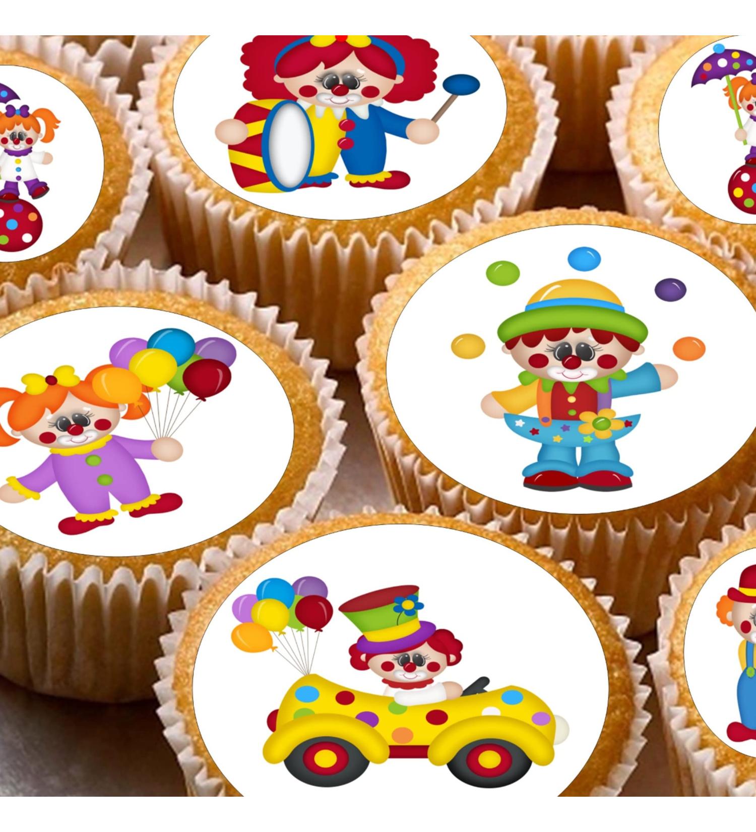 24 edible Clowns Circus childrens party decorations Iced/Icing Cupcake Topper Edible Fairy Cake Bun Toppers Round - Buy Online on GoSupps.com
