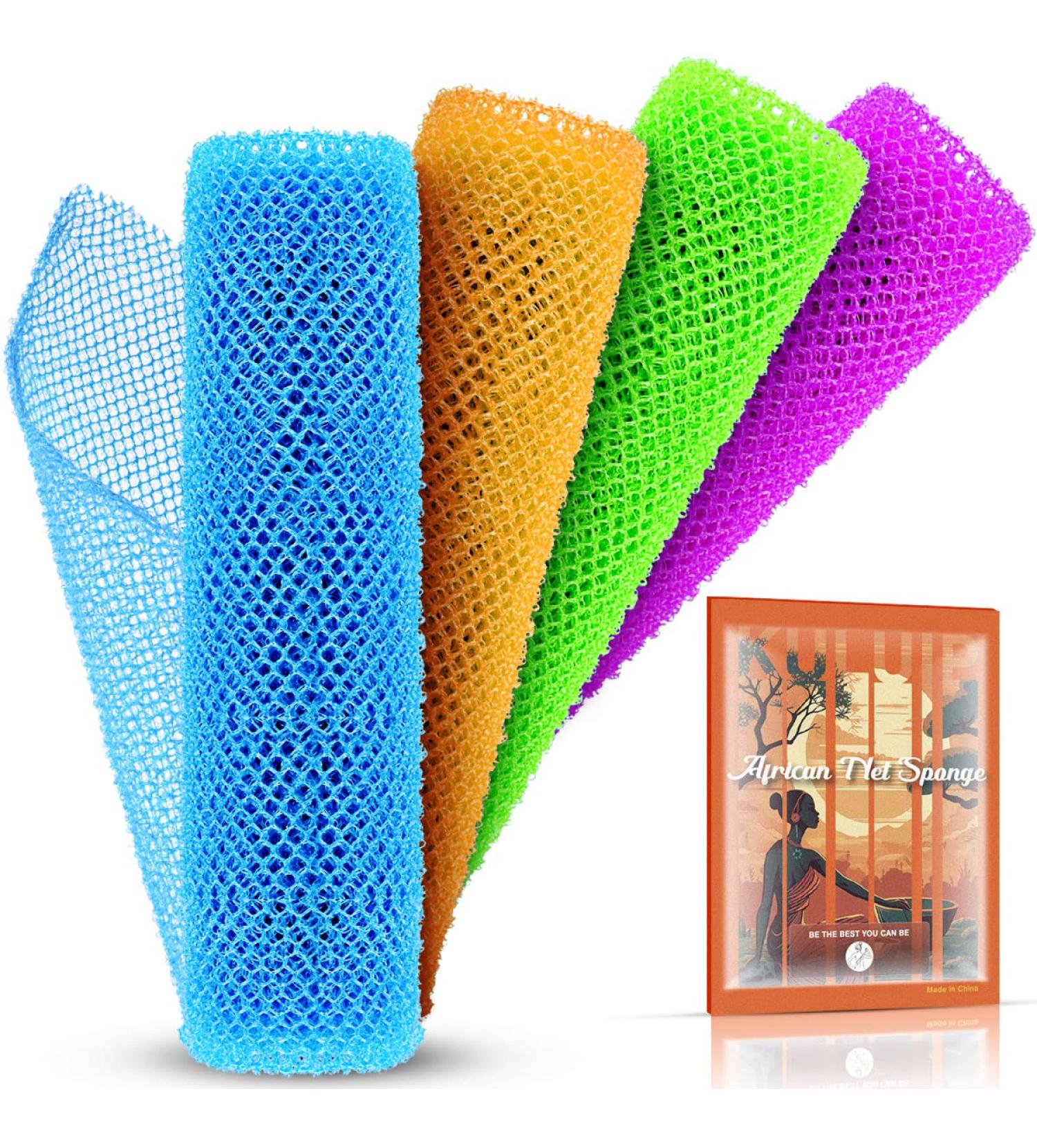 African Exfoliating Net Sponge Set - 4 Pieces | Shower Body Scrubber | Daily Use | Pink Green Yellow Blue - Buy Online on GoSupps.com