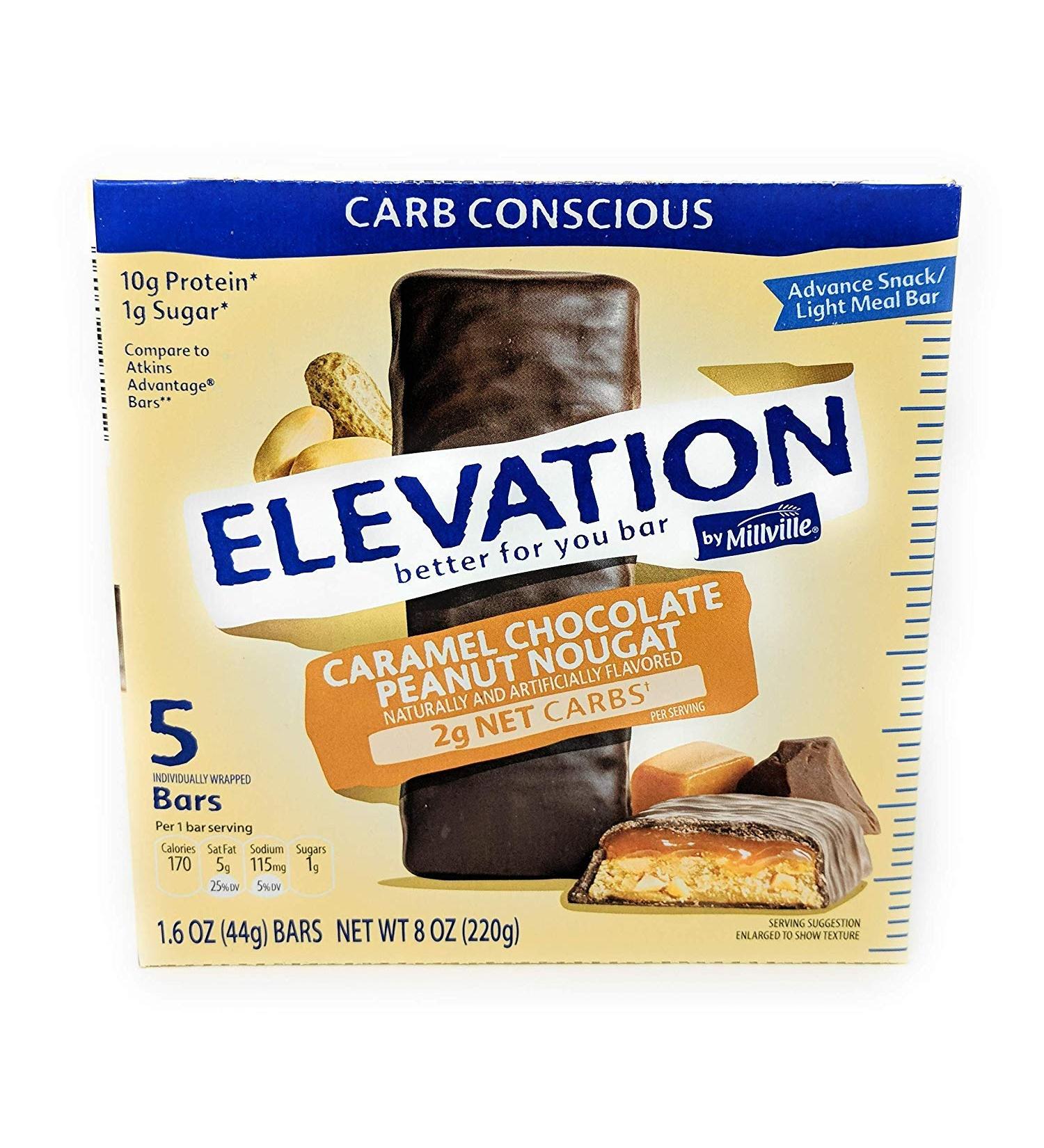 Millville Elevation Protein Bars Snack Endulgent Treat 1.4oz Bars 5g Protein (Caramel Chocolate Peanut Nougat 2 Pack (10 Bars))