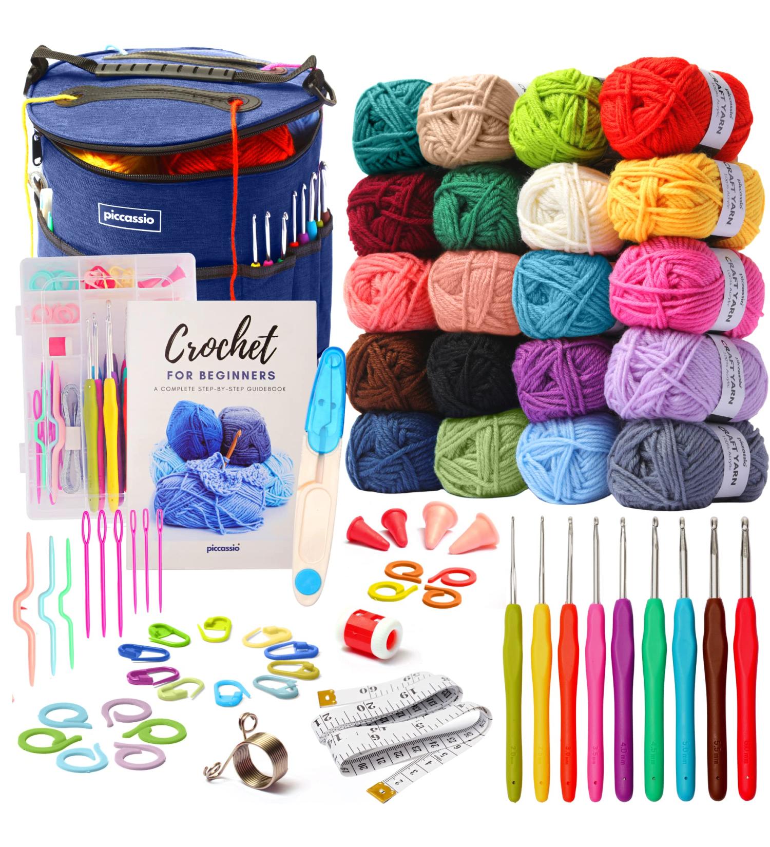 Beginner Crochet Kit for Adults and Kids - Amigurumi and Crocheting Projects - 20 Colors Yarn, Hooks, Book, Bag - All-in-One Crochet Starter Kit - Buy Online on GoSupps.com