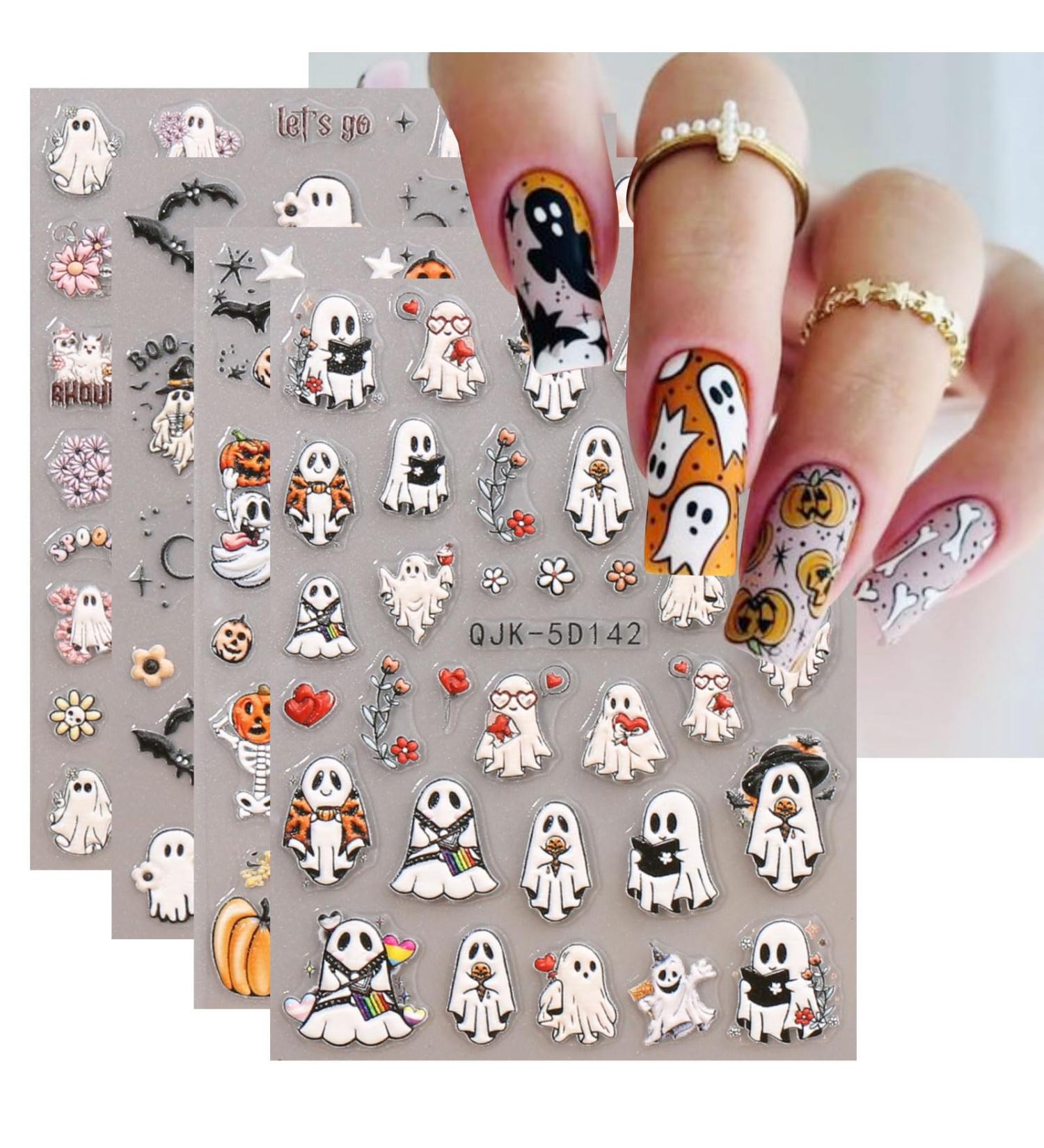 JMEOWIO 3D Embossed Halloween Nail Art Stickers Decals Self-Adhesive 5D Cute Ghost Red Heart Nail Supplies Nail Art Design Decoration Accessories 4 Sheets - Buy Online on GoSupps.com
