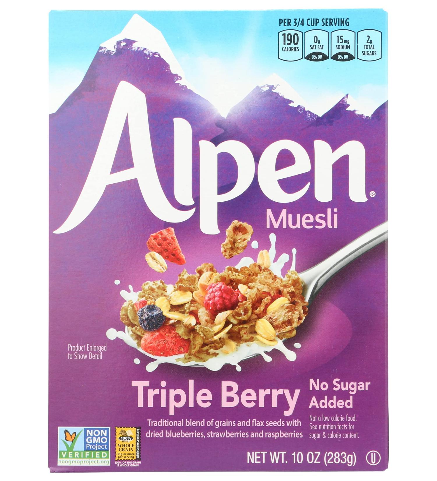 Alpen Triple Berry No Sugar Added Muesli - Swiss Style Cereal | Whole Grain, Non-GMO, Heart Healthy, Kosher, Vegan | Real Fruit, 10 oz - Buy Online on GoSupps.com