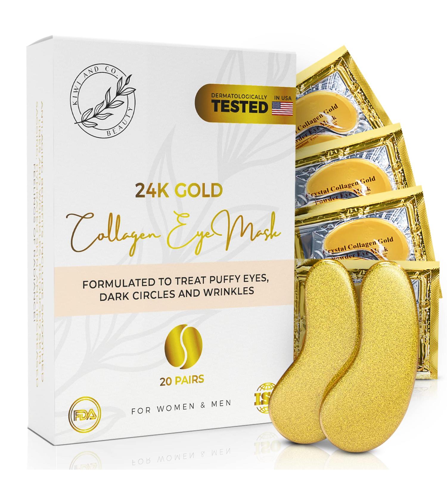 KIWI AND CO. BEAUTY 24K Gold Under Eye Masks - 20 Pairs for Dark Circles, Puffiness, Fine Lines & Wrinkles | Anti-Aging Collagen Skin Care Patches - Buy Online on GoSupps.com