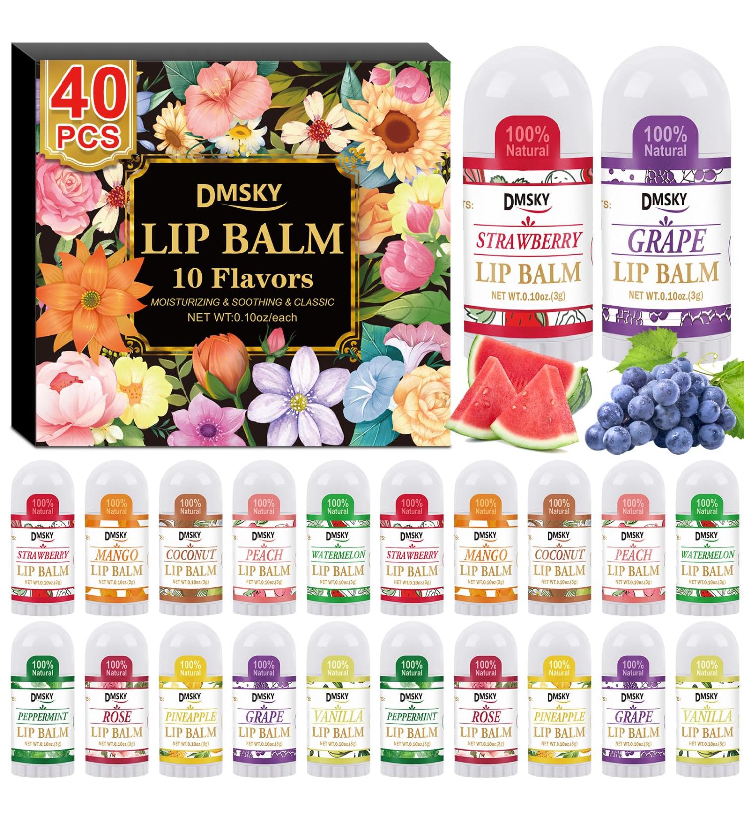 DMSKY 40 Pack Mini Lip Balm Natural Lip Balm Bulk with Vitamin E and Coconut Oil Moisturizing Lip Balms for Dry Cracked lips - 10 Flavors 40 Count - Buy Online on GoSupps.com