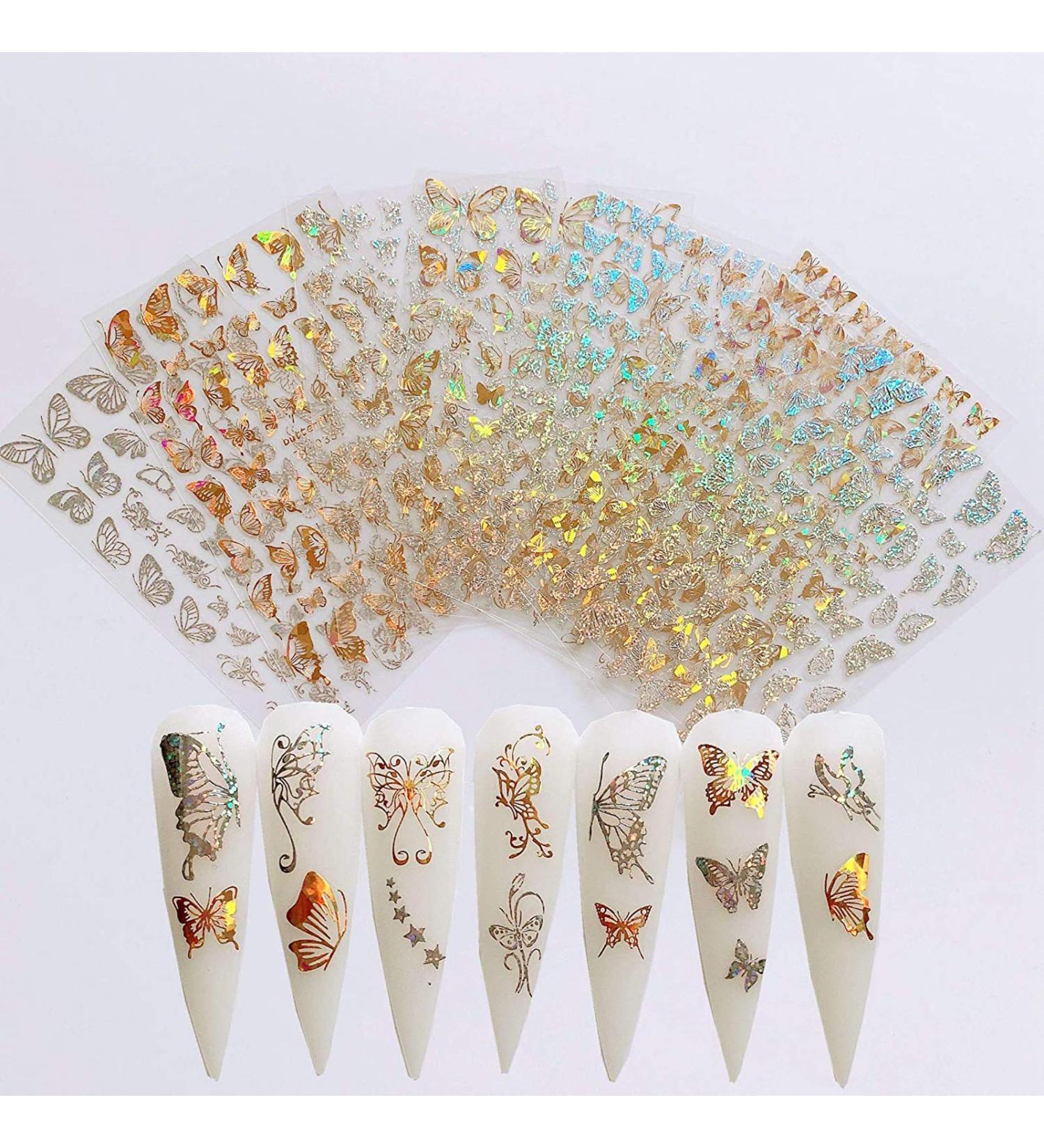 BUTTERFLY NAIL STICKERS: 3D Gold & Silver Adhesive Decals for Luxury Nail Art - 8 Pcs - Buy Online on GoSupps.com