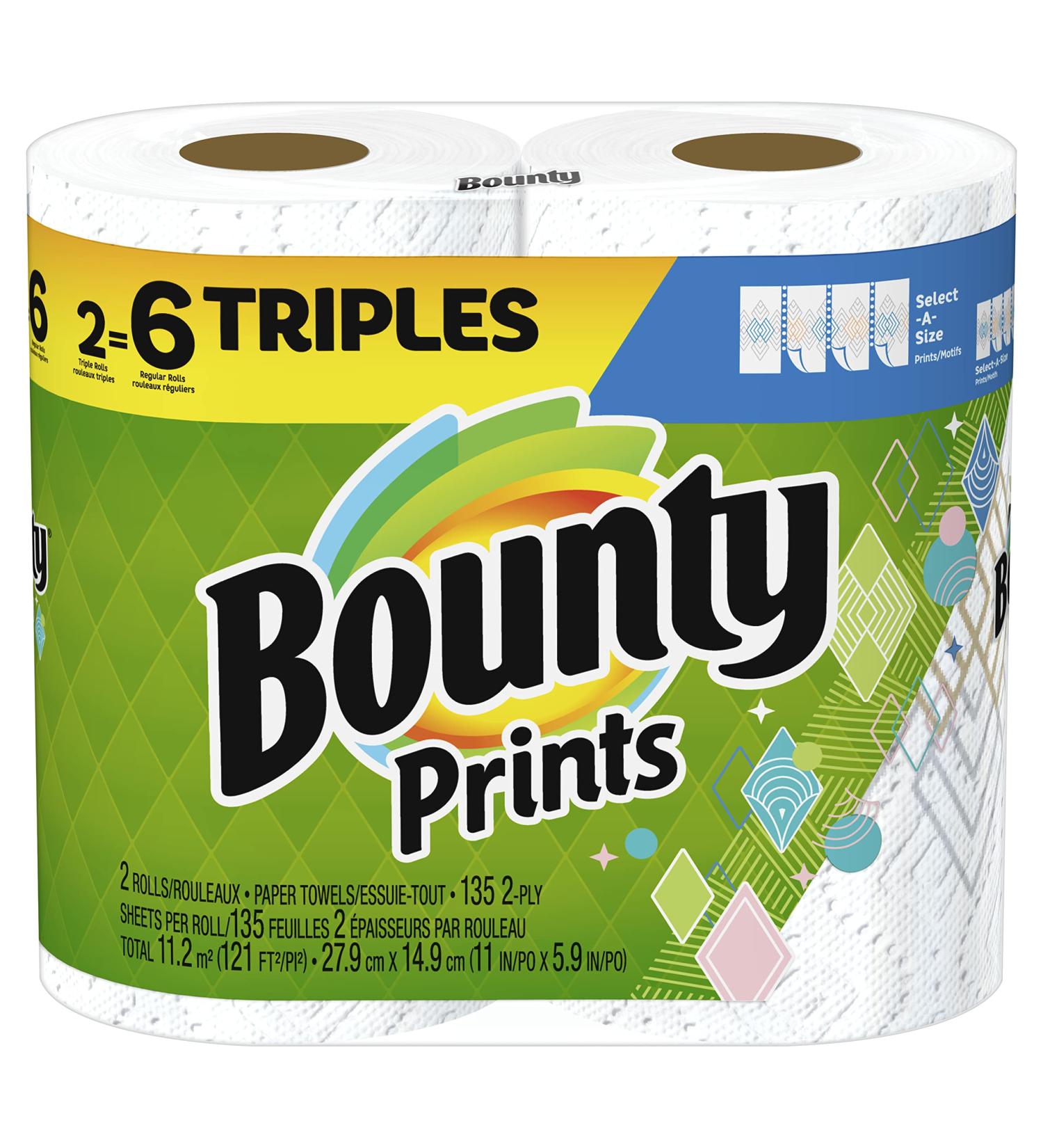 Bounty Select-A-Size Paper Towels 2 Triple Rolls, 6 Regular Rolls - 2 Count Pack, Print Design - Buy Online on GoSupps.com