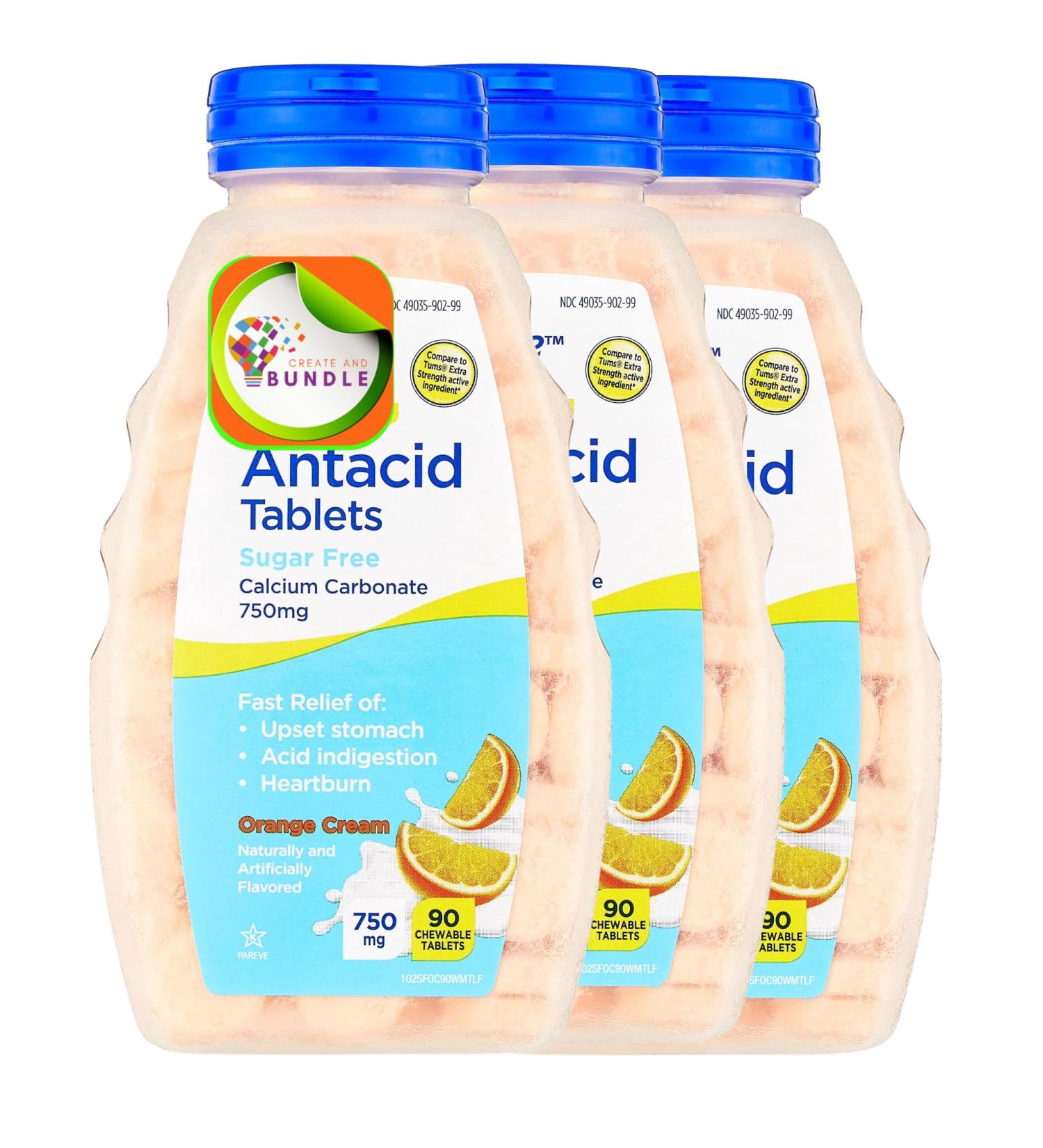 Extra Strength Sugar-Free Antacid Chewable Tablets Orange Cream 750 mg 90 Count (Pack of 3) Total 270 Count - Buy Online on GoSupps.com
