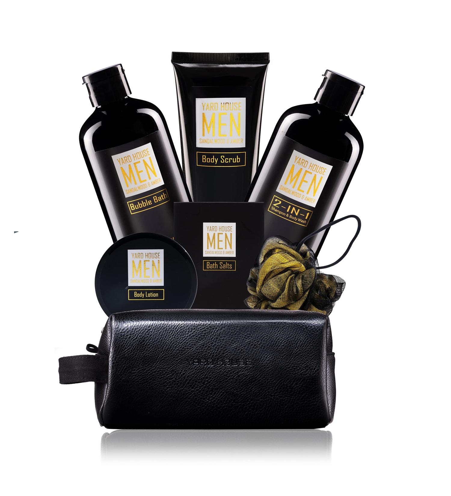 YARD HOUSE Men's Spa Gift Set - Sandalwood & Amber - 7Pcs Bath and Body Kit with Body Wash, Bubble Bath, Bath Salt, Lotion, Scrub, Loofah, and Toiletry Bag - Buy Online on GoSupps.com