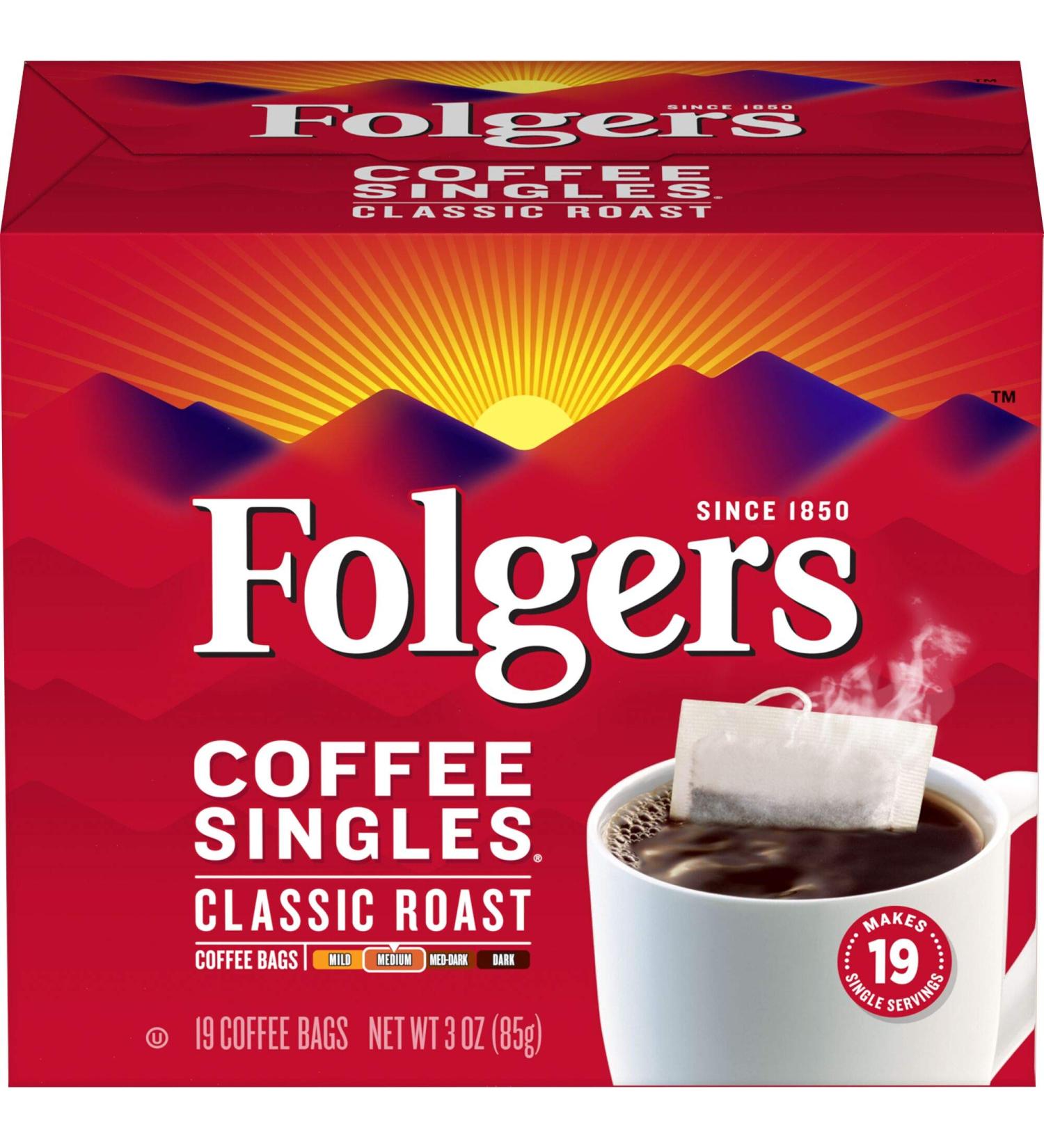 Folgers Coffee Singles Classic Roast 19 Single Serve Bags - Medium Roast Coffee - Buy Online on GoSupps.com