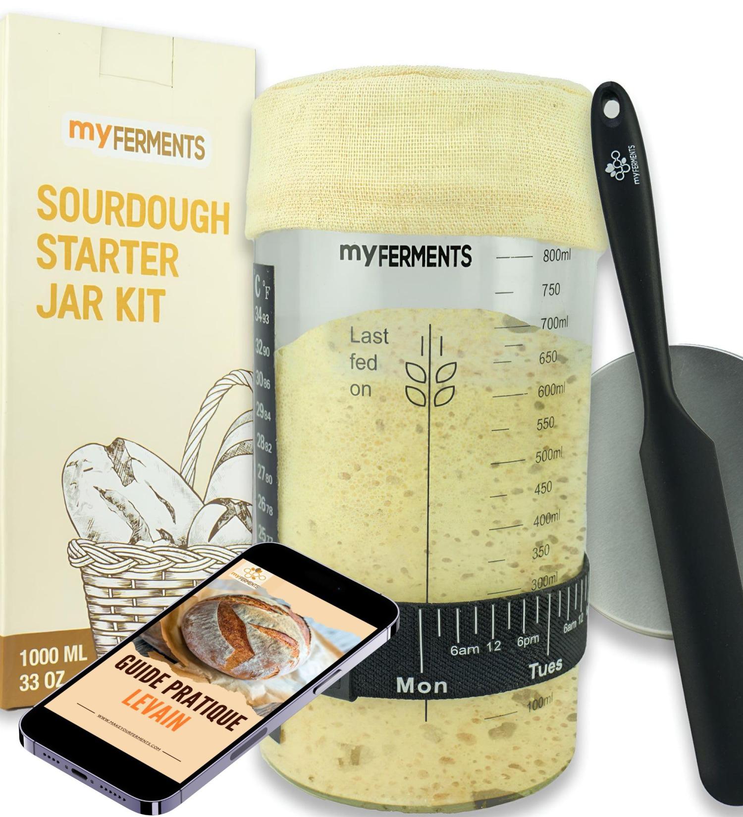 myFERMENTS Premium Sourdough Starter Jar Glass (1000ML - 33OZ) - Sourdough Starter Kit Beginners - Essential Bread Making Accessories and Supplies for Perfect Sourdough Bread. - Buy Online on GoSupps.com