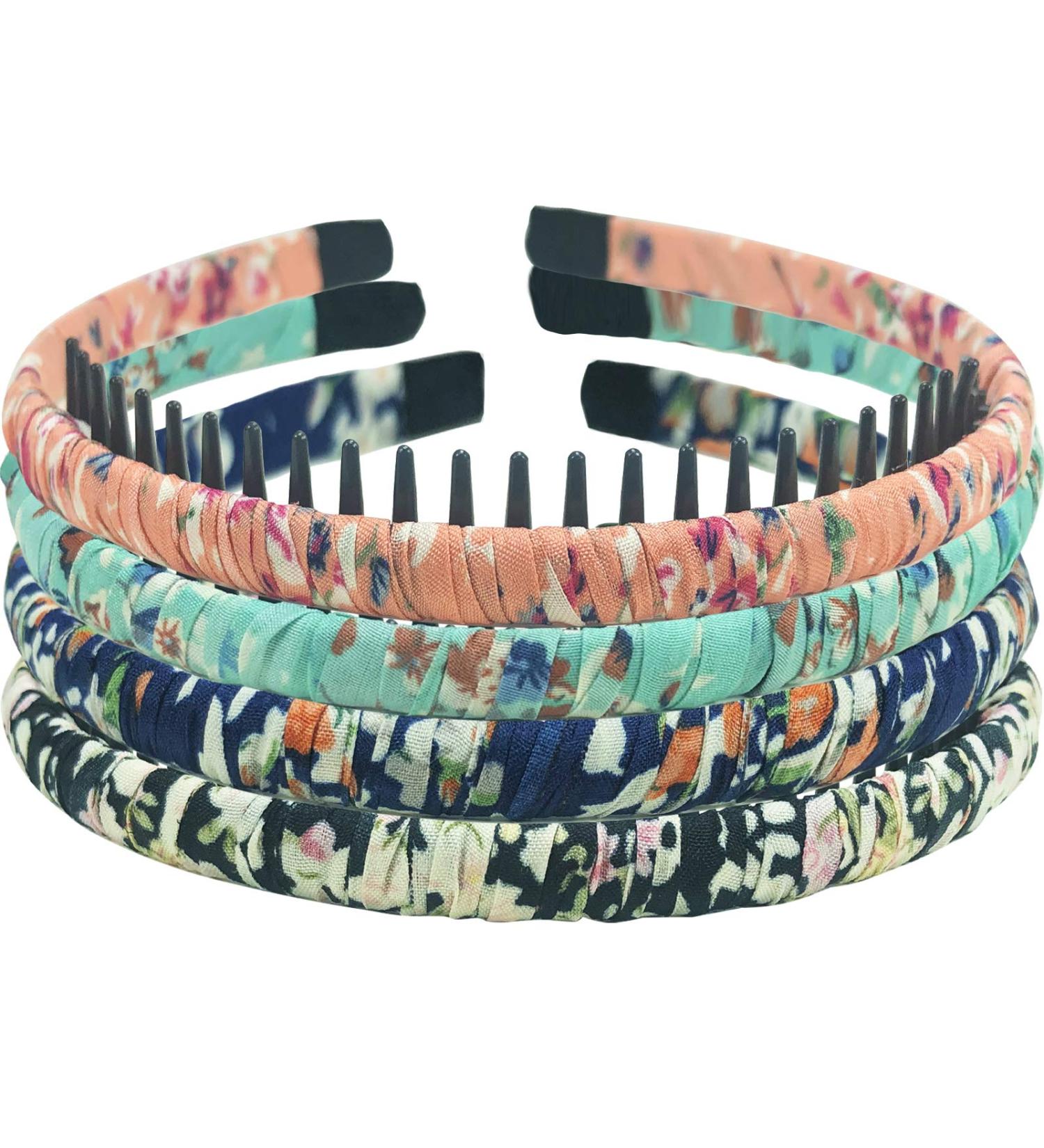 Boho Thin Hairband Headband Set with Resin Comb Teeth - Floral Pink Navy Green Black - 4pc for Women and Girls - Buy Online on GoSupps.com