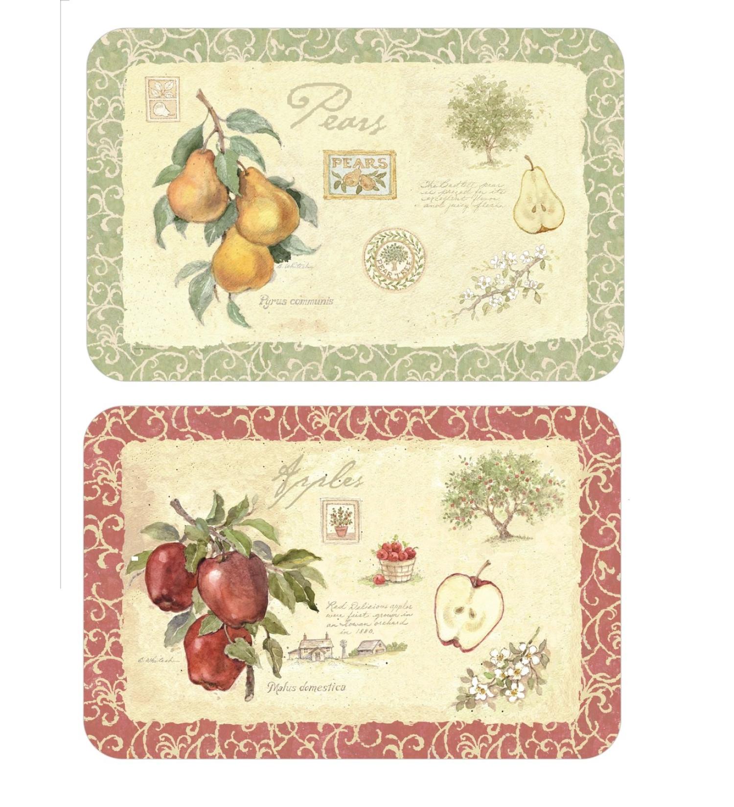 Wipe-Clean Reversible Plastic Placemats - Set of 4 - Old Orchard Apple/ Pear