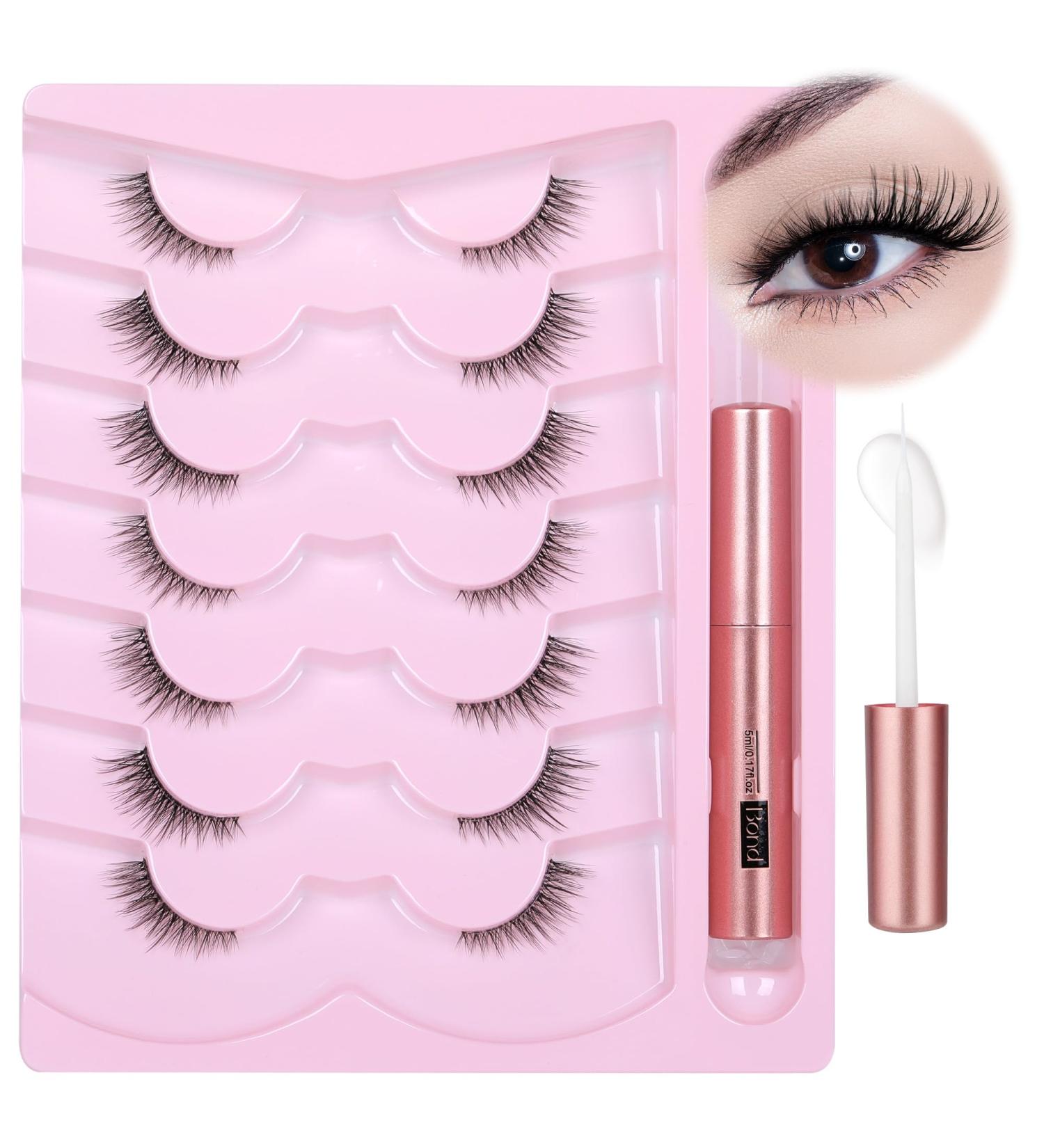 FANXITON Natural Half Lashes - Wispy Fluffy 7 Pairs with Lash Glue | Cateye 12mm Short Clear Band False Eyelashes Multipack - Perfect for Every Occasion - Buy Online on GoSupps.com