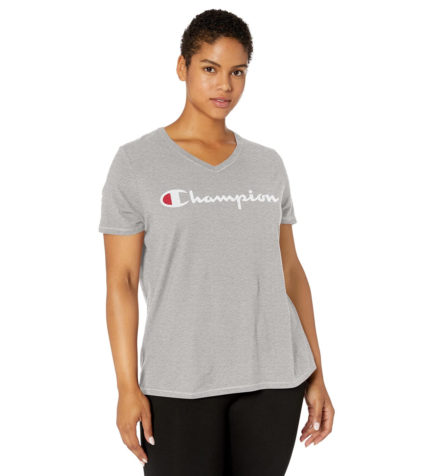 Champion Women's Plus Jersey V-Neck Tee | Script Logo | 2X | Oxford Gray - Buy Online on GoSupps.com