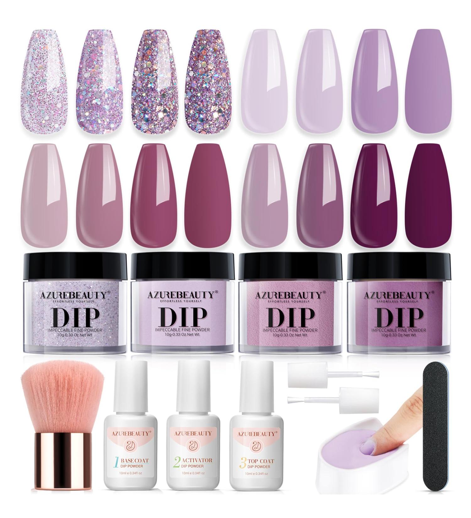 AZUREBEAUTY Dip Powder Nail Kit - Fall Winter Dark Purple & Lilac Glitter | 4 Color Starter Set with Base/Top Coat & Activator for DIY French Art Manicure - Buy Online on GoSupps.com