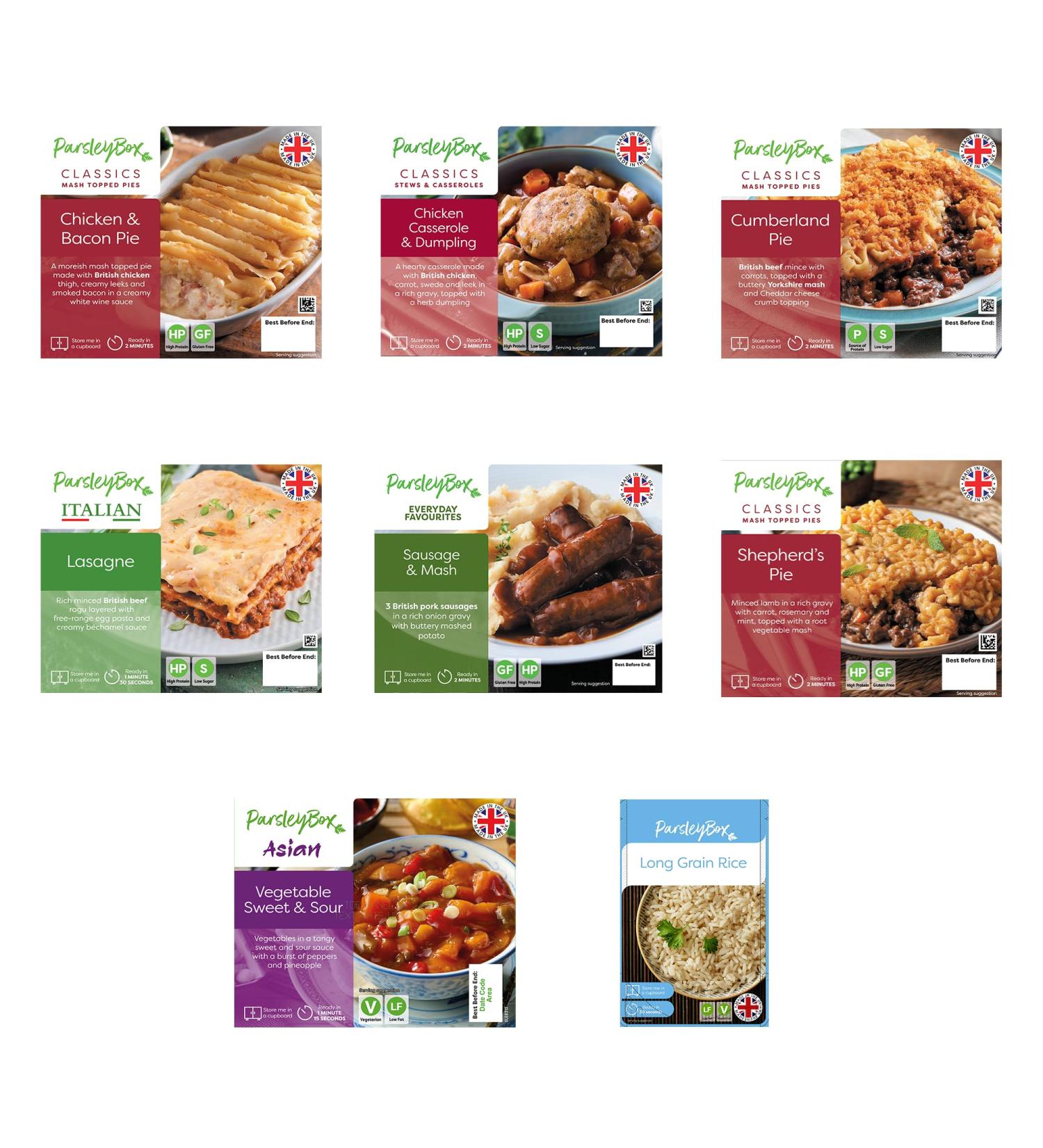 Nation's Favourites Variety Box - Parsley Box Microwavable Long-Life Cupboard-Store Ready Meals (7 meals) - Buy Online on GoSupps.com