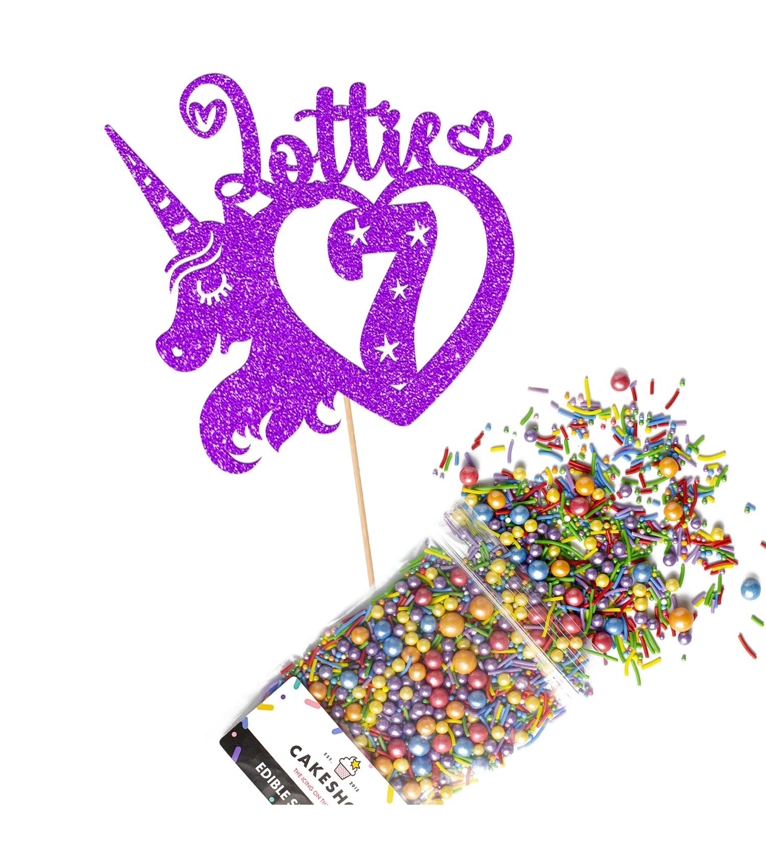 Cakeshop Cake Decoration Pack | Unicorn Heart Premium Double Sided Glitter Card Cake Topper Sign & 25g Party Pack of Cake Sugar Sprinkles | Custom Name & Age Cake Decorations (Purple) Non-Prime Glitter Card: Purple - Buy Online on GoSupps.com