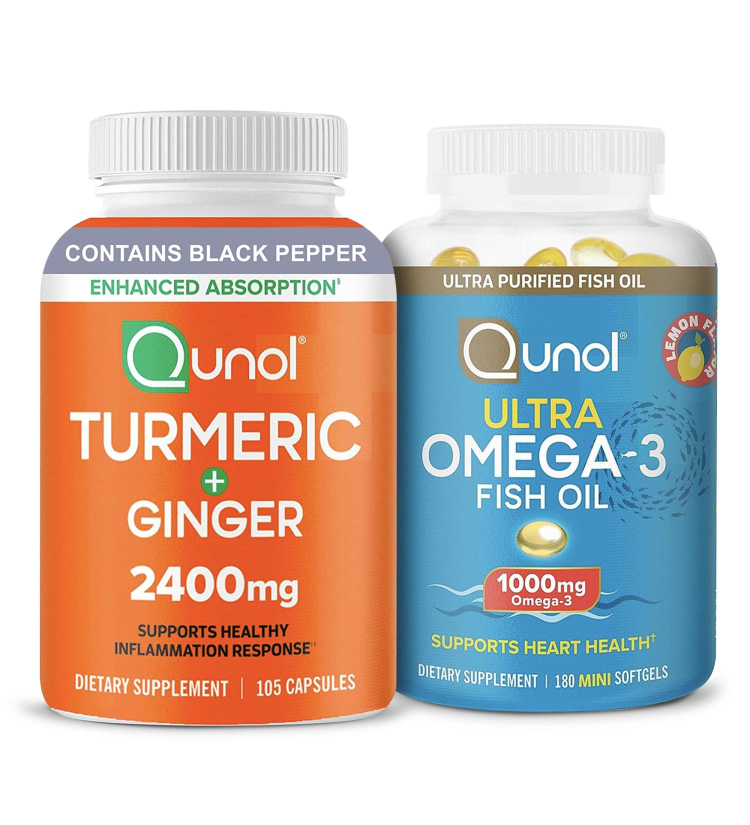 Turmeric & Omega-3: Turmeric Curcumin 2400mg 105 Capsules & Fish Oil Omega 3 1000mg 180 Mini Softgels - Buy Online on GoSupps.com