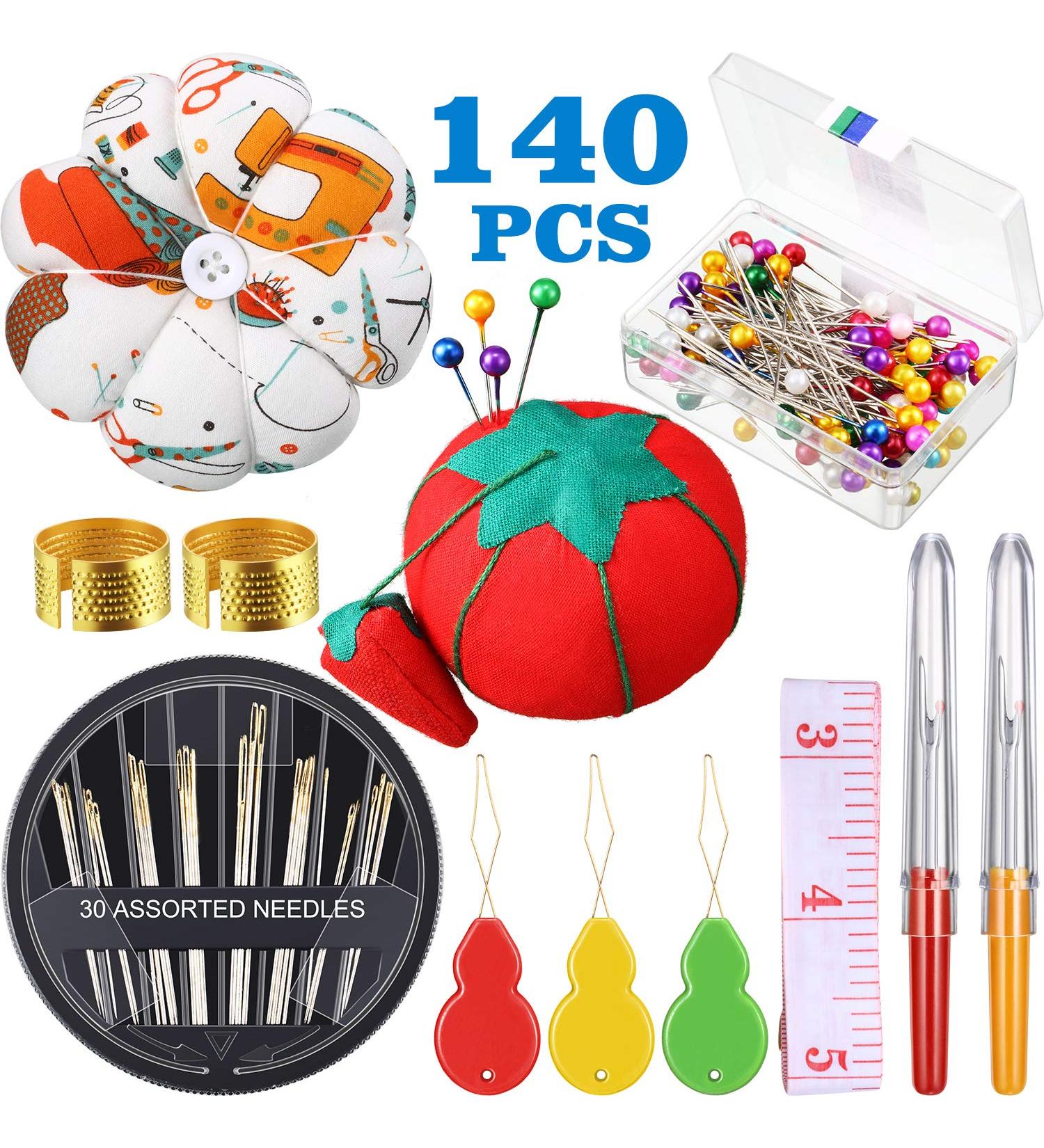 140-Piece Sewing Tool Set with Pin Cushions, Glass Head Pins, Self-Threading Needles, Seam Ripper, Thimble, and Tape Measure - Buy Online on GoSupps.com
