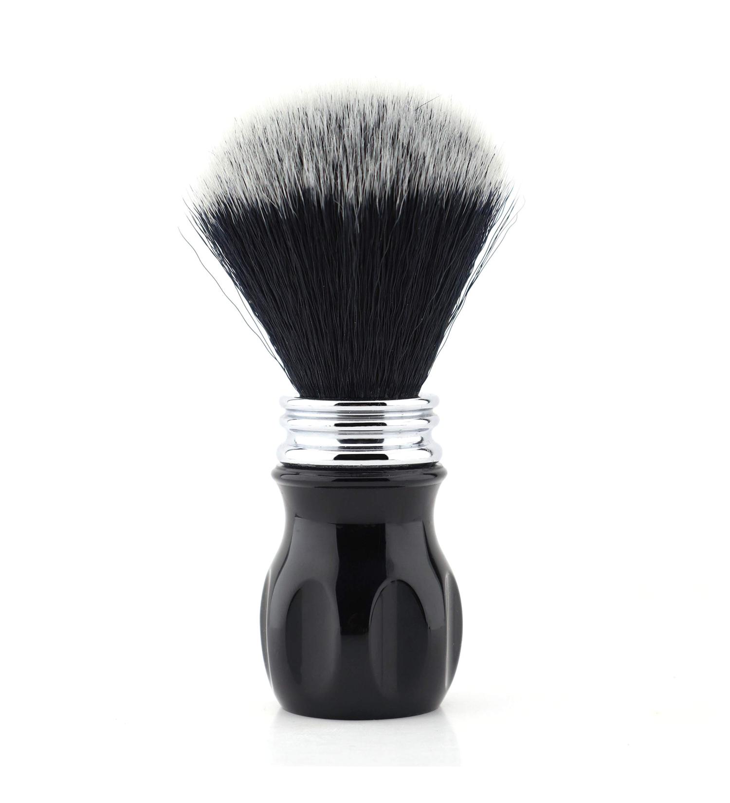 Shaving brush black synthetic hair black handle made of black synthetic resin vegan bristles not tested on animals