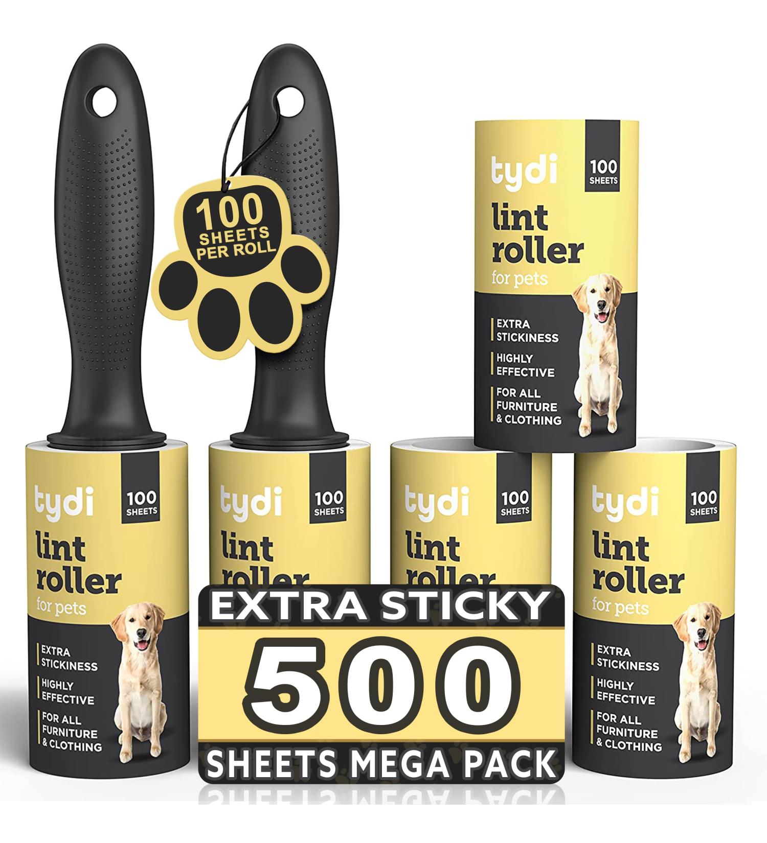 Tydi Pet Lint Rollers - 500 Sheets of Lint Roller Refills & 2 Handles - 100 Sheets per Sticky Clothes Roller - Lint Rollers for Pet Hair - Reusable Lint Roller for Clothes - Fluff Remover for Clothes 2 Handles + 500 Sheets - Buy Online on GoSupps.com