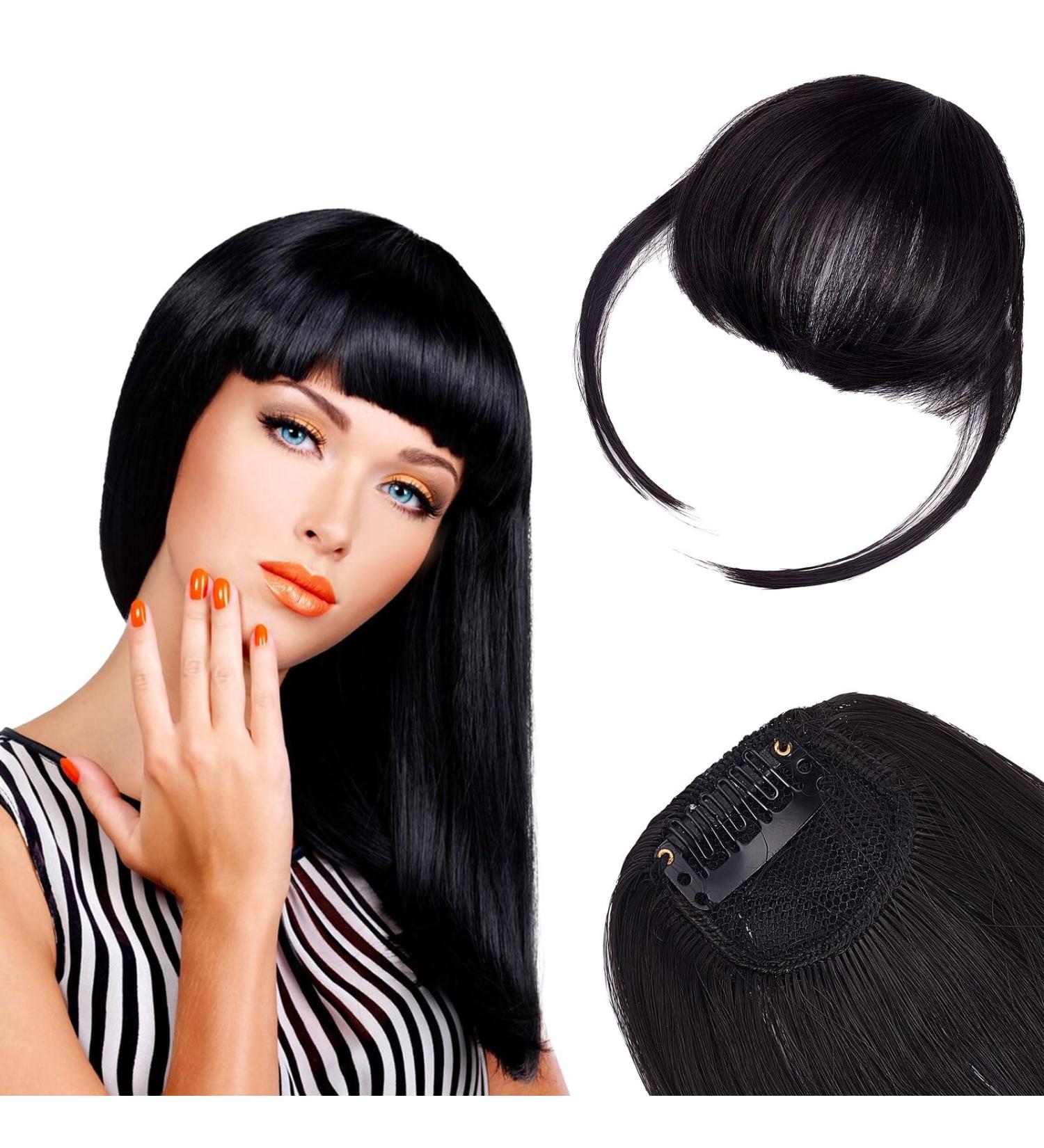 NICENEEDED Natural Black Hair Clip in Curved Bangs Fluffy Faux Fringe with Temples Hairpiece Flat Neat Clip on Bangs Hair Extension for Women and Girls Daily Wear - Buy Online on GoSupps.com