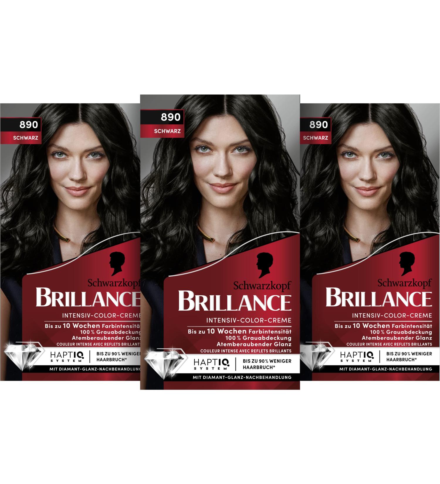 Brilliance Intensive Color Cream 890 Black - Permanent Hair Color with Diamond Gloss & Care Conditioner (3-Pack 170 ml) - 10 Weeks Color Intensity - Buy Online on GoSupps.com