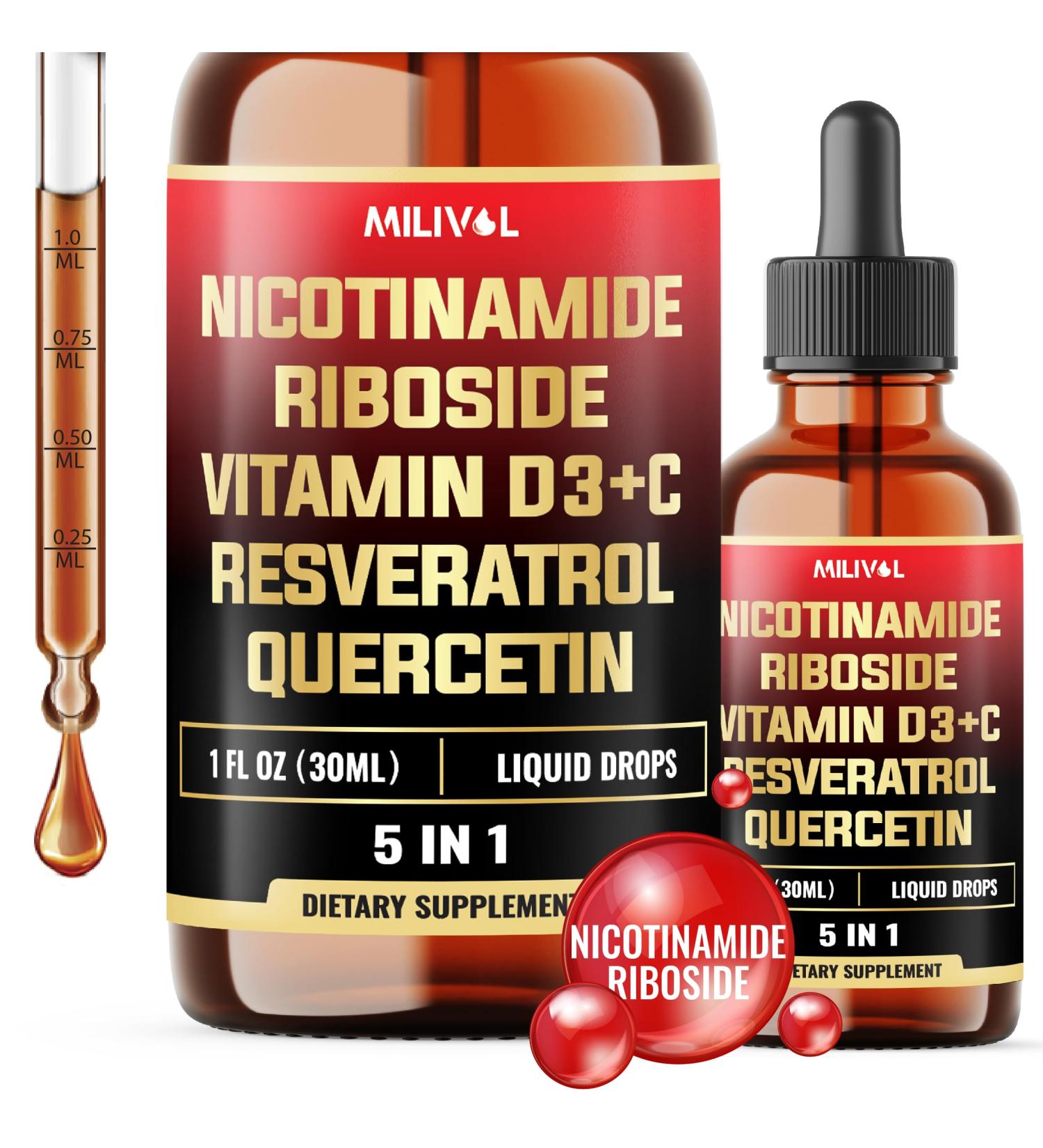 MILIVOL 5in1 NAD+ Liquid Drops w/Nicotinamide Riboside NR 900mg, Quercetin 500mg, Trans-resveratrol 500mg, Vitamin D3-C - Cellular Energy & Repair, Vitality, Healthy Aging - 1FL Oz - 1 Month Supply - Buy Online on GoSupps.com