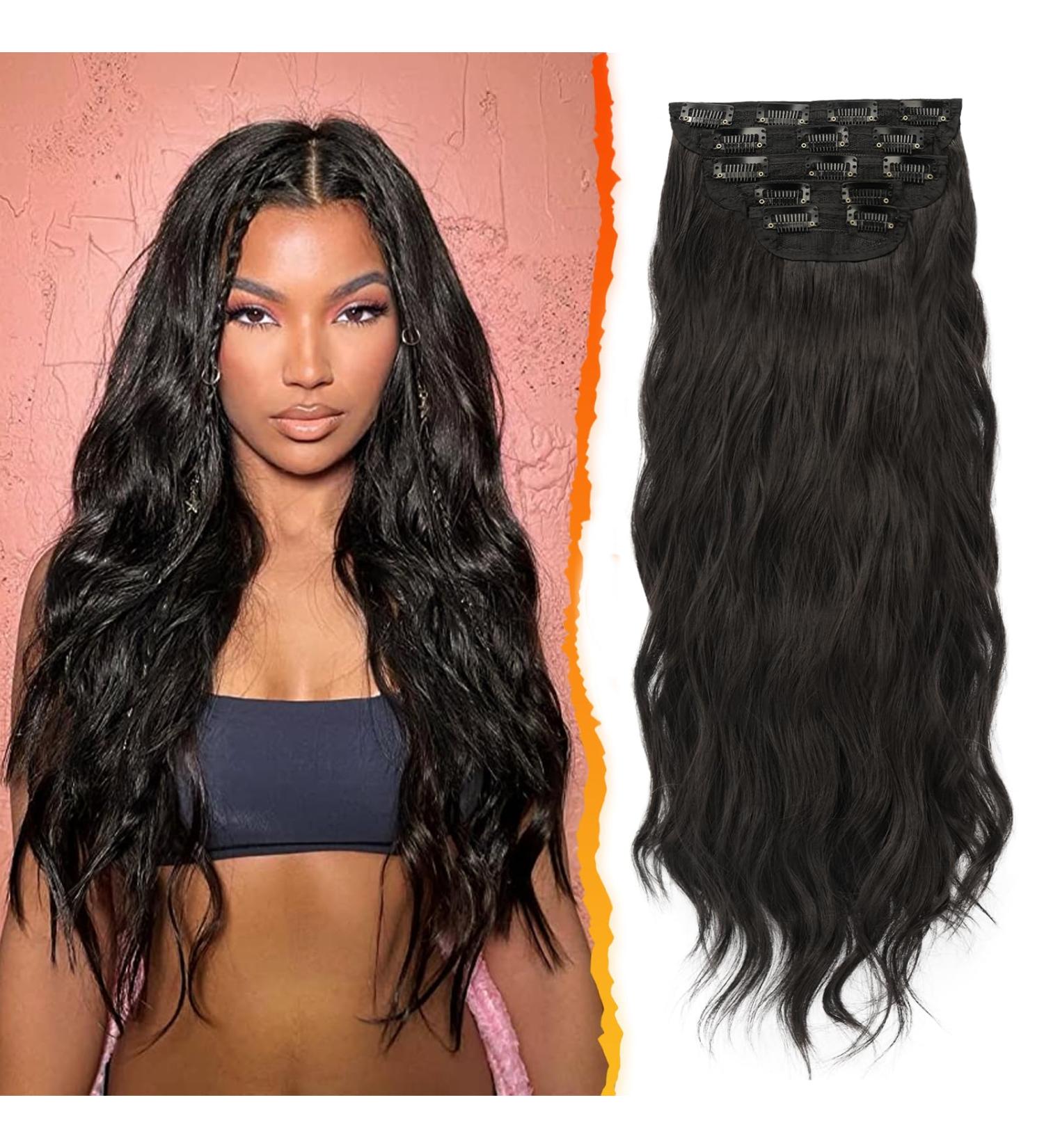 BARSDAR Clip In Extensions - 5 PCs Long Wavy Thick Natural Soft Synthetic Hair - Darkest Brown 45 cm for Women & Girls - Buy Online on GoSupps.com
