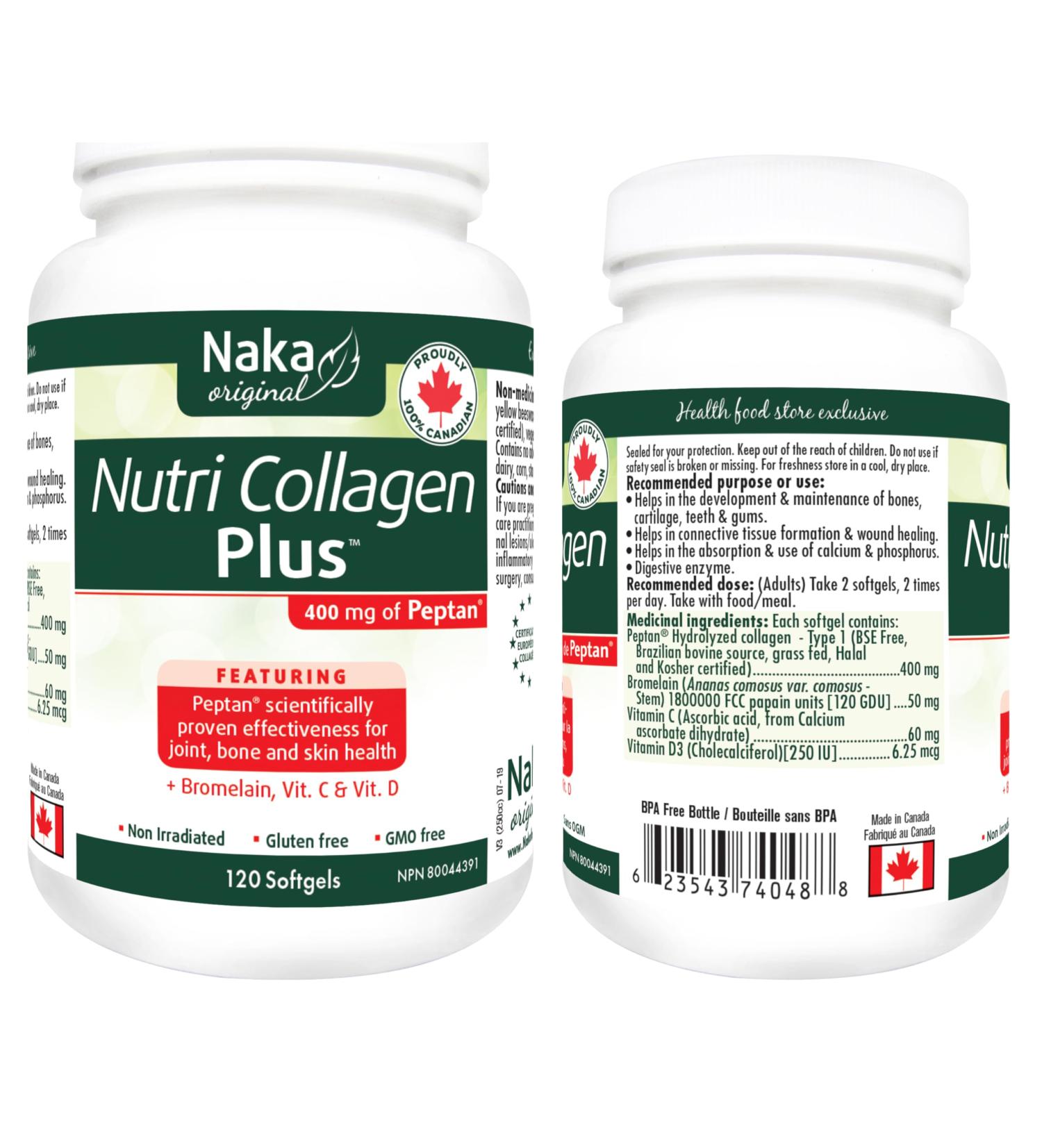 Naka Nutri Collagen Plus 400mg of Peptan plus Bromelain Vitamin C Vitamin D for Joint Bone Skin Health Made in Canada (120 softgels) - Buy Online on GoSupps.com