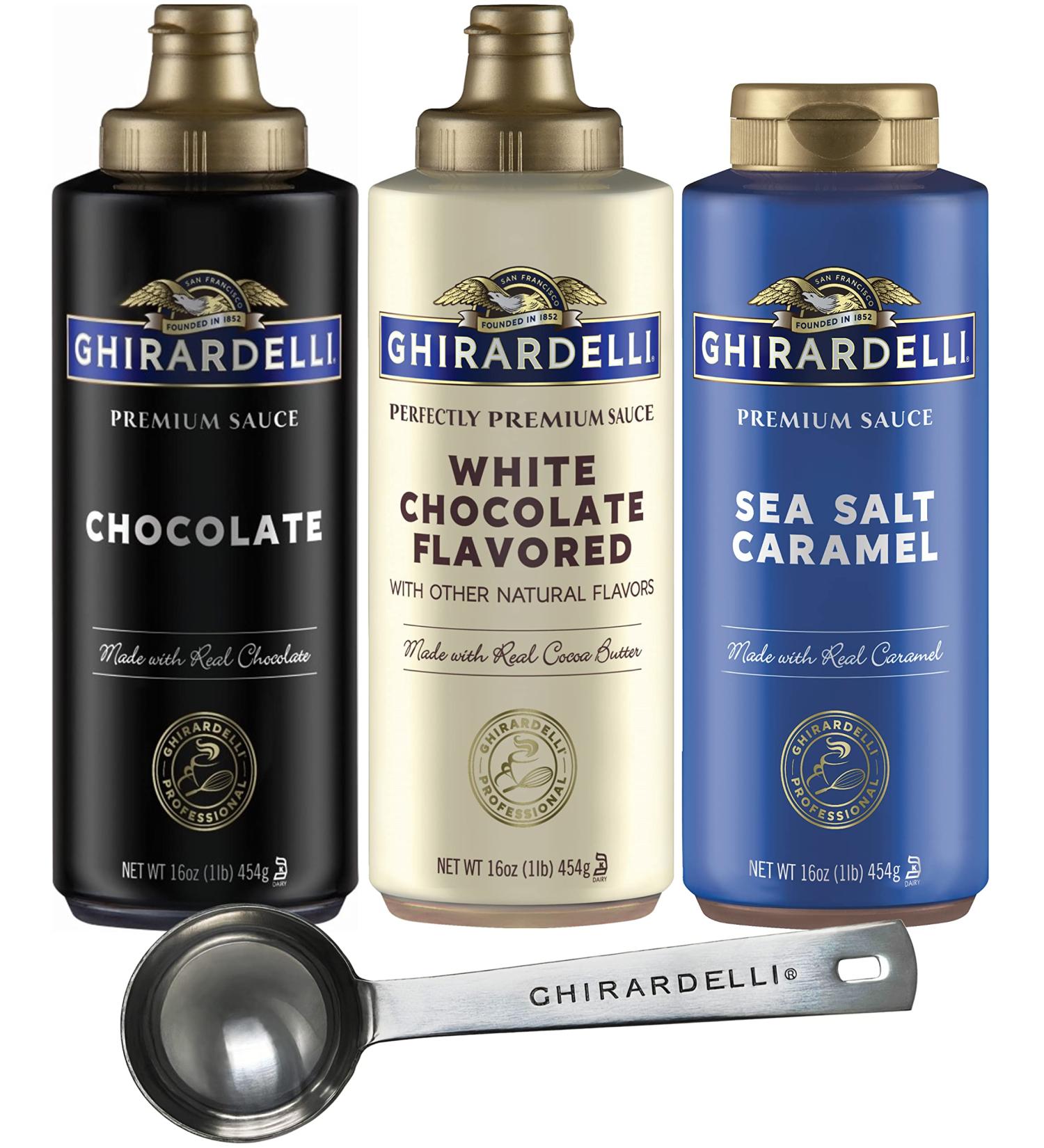Ghirardelli Sea Salt Caramel & White Chocolate Sauce 16 oz Squeeze Bottles (Pack of 3) + Barista Spoon - Buy Online on GoSupps.com