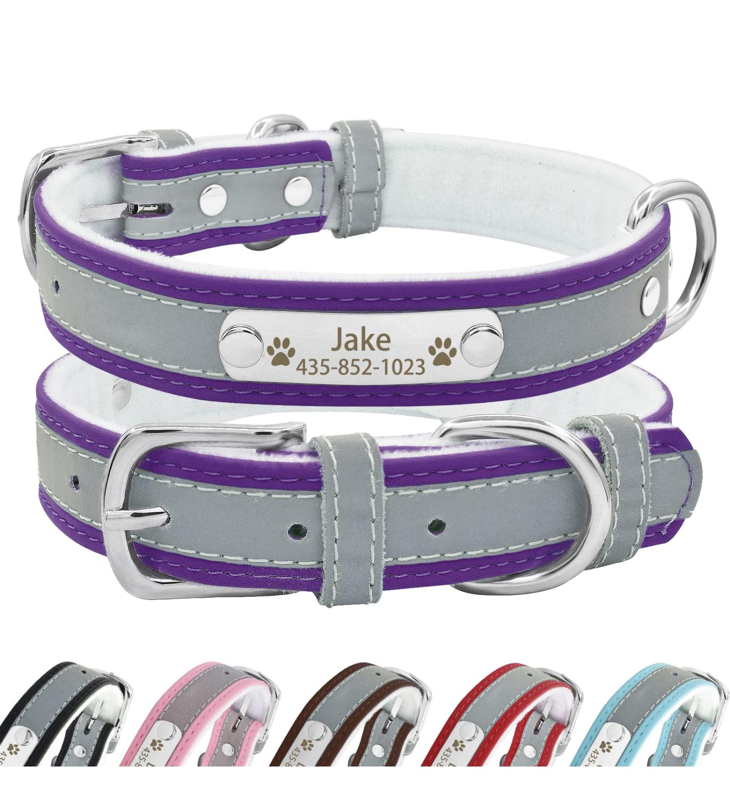 Senristar Personalized Reflective Leather Dog Collar - Engraved Name Tape for Small Medium & Large Dogs & Cats - XS (1.5cm Width Neck 19-25cm) - Violet - Buy Online on GoSupps.com
