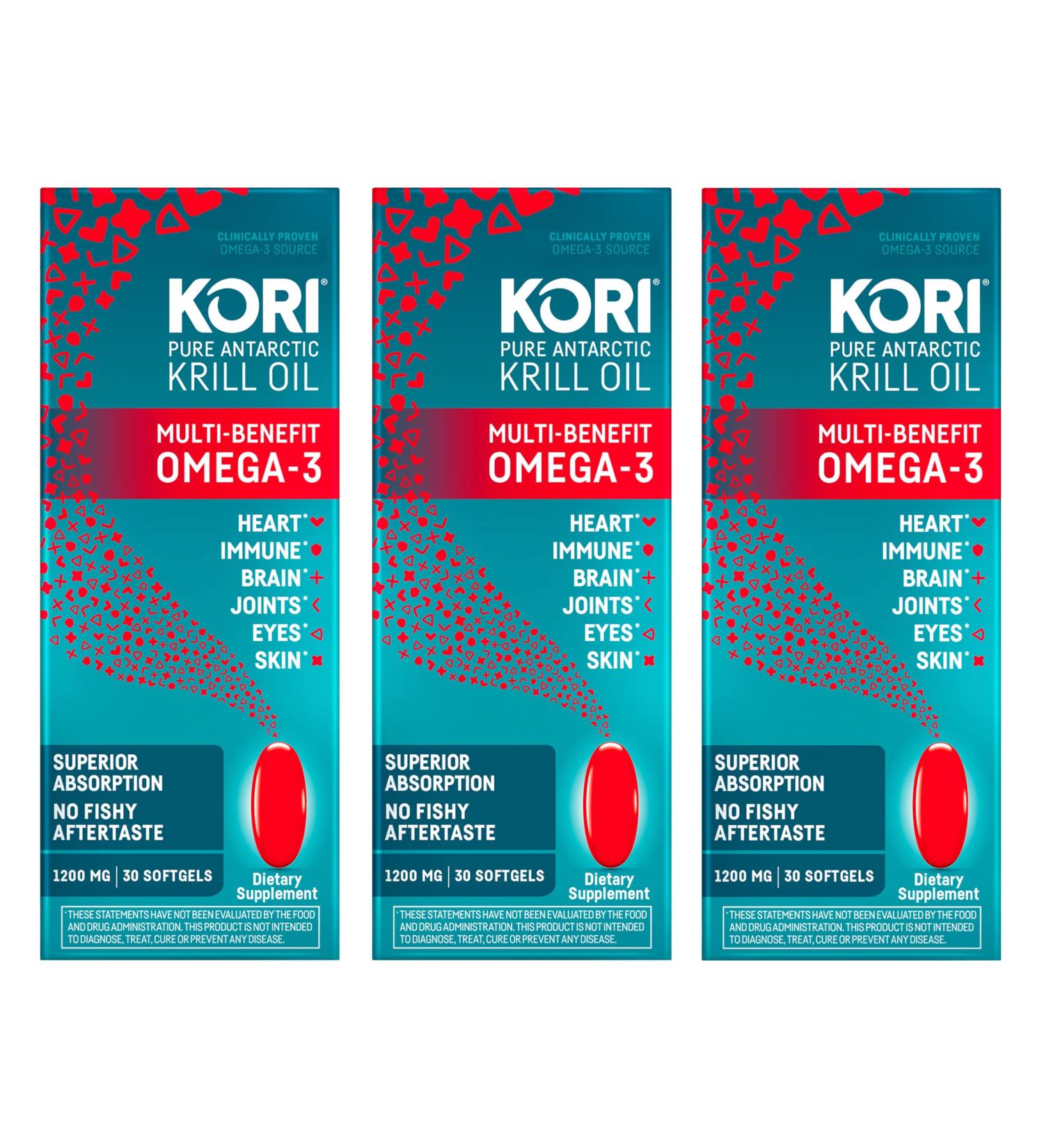 Kori Krill Oil Omega 3 Supplement - 1200mg Antarctic Krill Oil Softgels | Superior Absorption vs Fish Oil | 90 Count (3 Packs - Buy Online on GoSupps.com