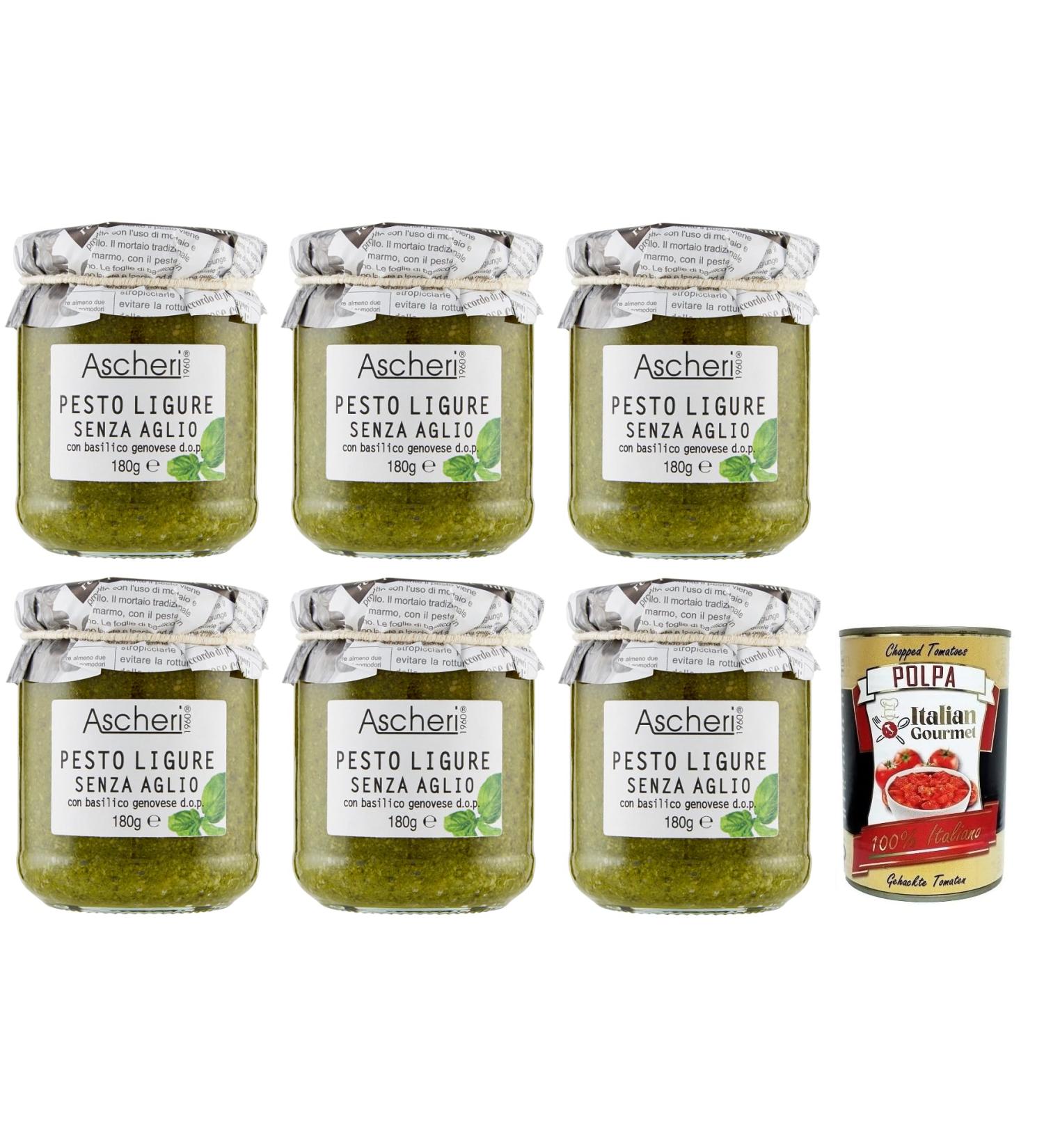  Italian Gourmet E.R. Ascheri 1960 Ligurian Pesto Without Garlic with Genoese Basil Set of 6 Pesto Sauces without Garlic with Genoese Basil 180 g + Italian Gourmet Tomato Pulp Box 400 g - Buy Online on GoSupps.com