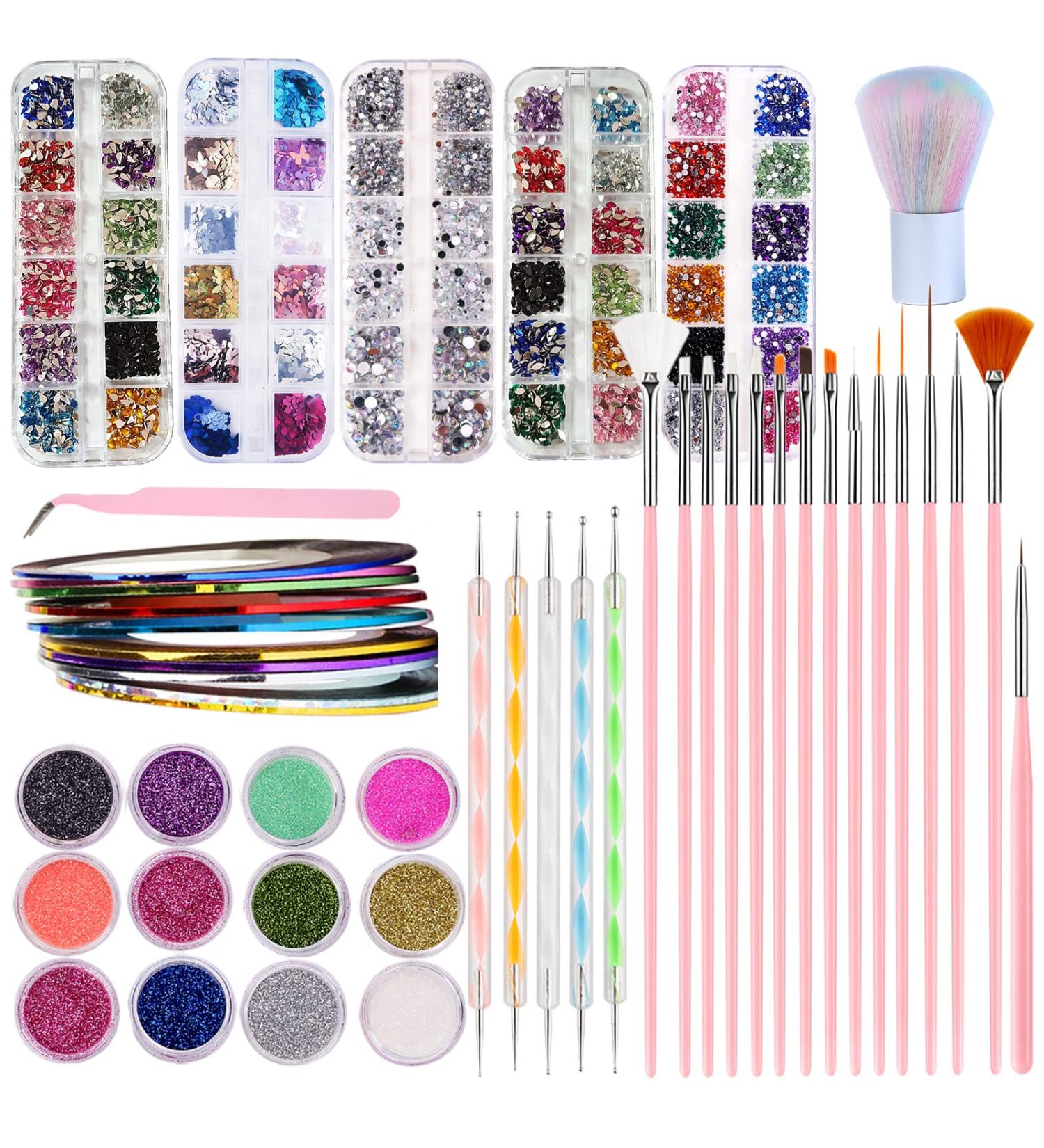 Aruigu Nail Kit - Nail Tool Set with Brushes, Rhinestones, Dust Brush, Butterfly, Glitter, Sequins, Tweezers & Tape Strips in Pink - Buy Online on GoSupps.com
