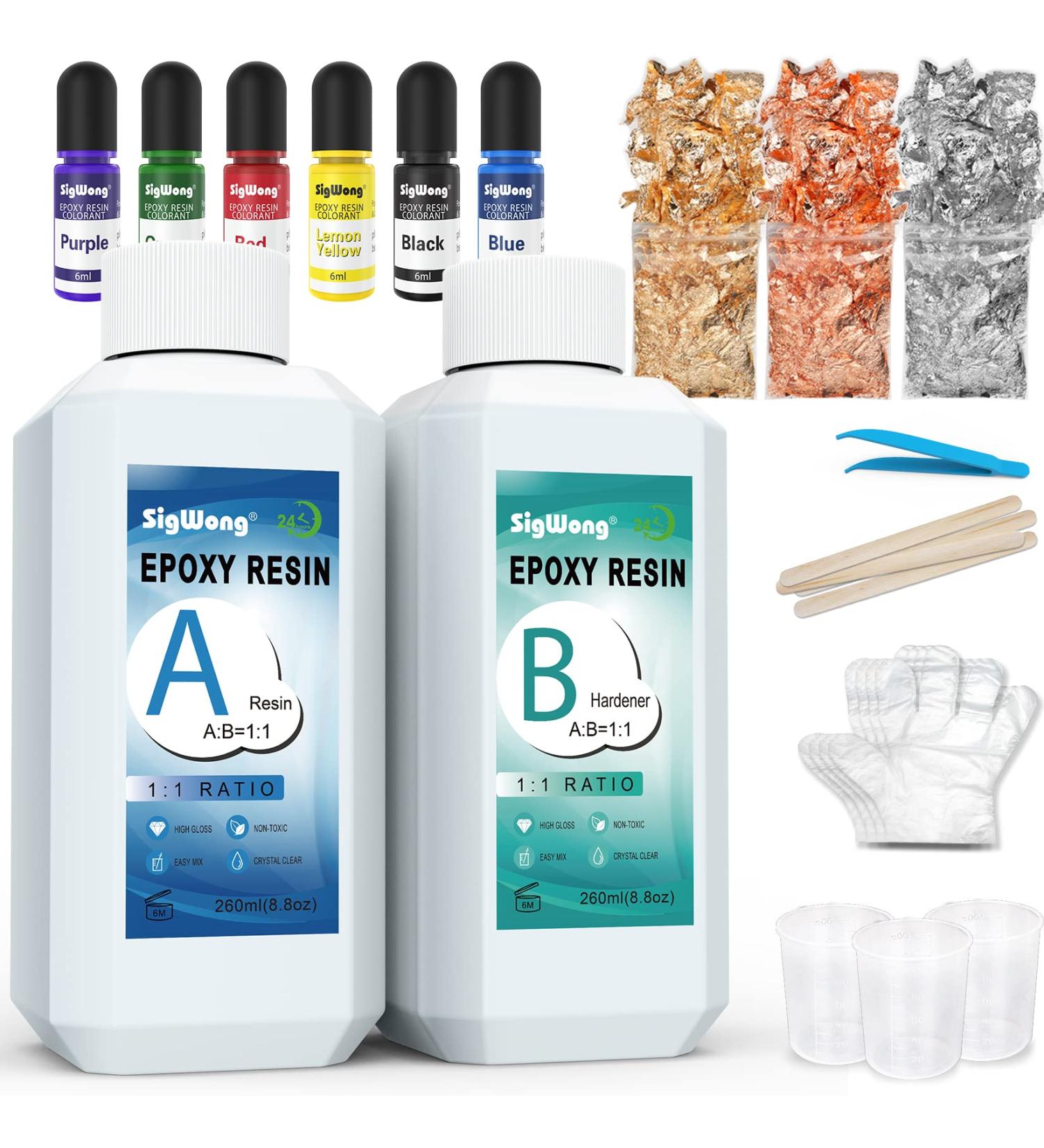 Epoxy Resin Clear Crystal Coating Kit 17.6oz - Art Craft Jewelry Making River Tables - Includes Gloves, Measuring Cup, Wooden Sticks, Gold Foil Flakes and Tweezers - Buy Online on GoSupps.com