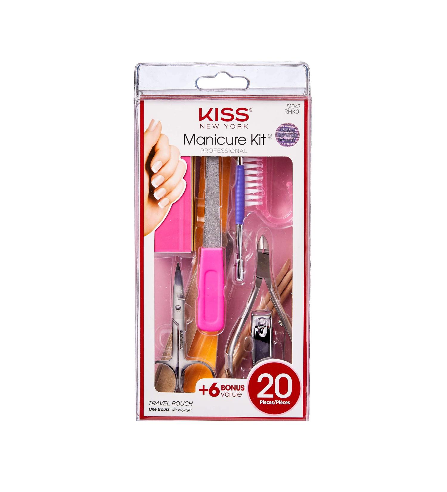 KISS 20-Piece Professional On-The-Go Manicure Kit Nail Clipper Cuticle Nipper Brush Cuticle Pusher Emery Boards Metal File Large File Buffing Block Manicure Sticks Scissors Travel Pouch - Buy Online on GoSupps.com
