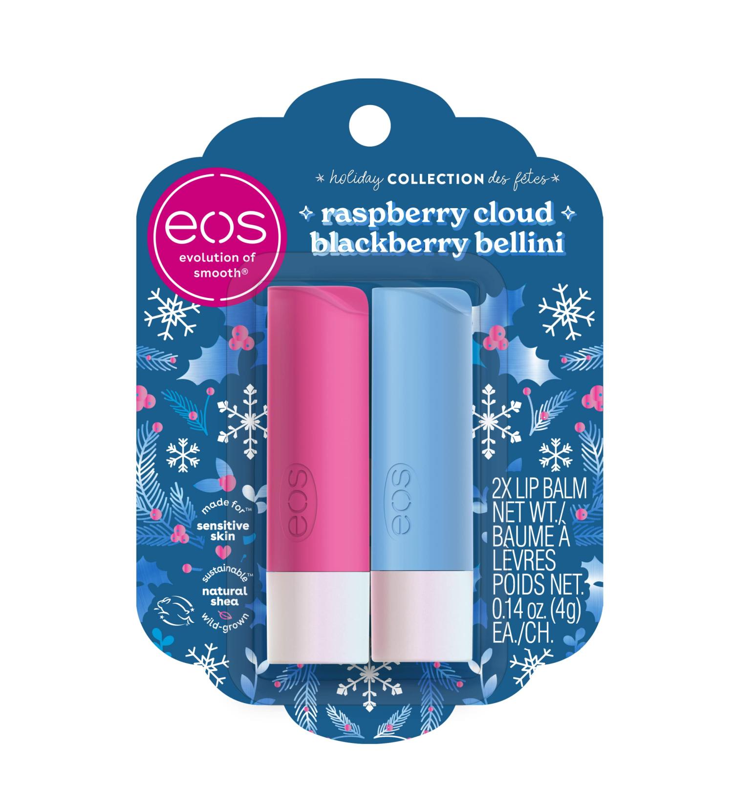 EOS Limited Edition Holiday Lip Balm 2-Pack - Raspberry Cloud & Blackberry Bellini, All-Day Moisture, Sensitive Skin, 0.14 oz - Buy Online on GoSupps.com