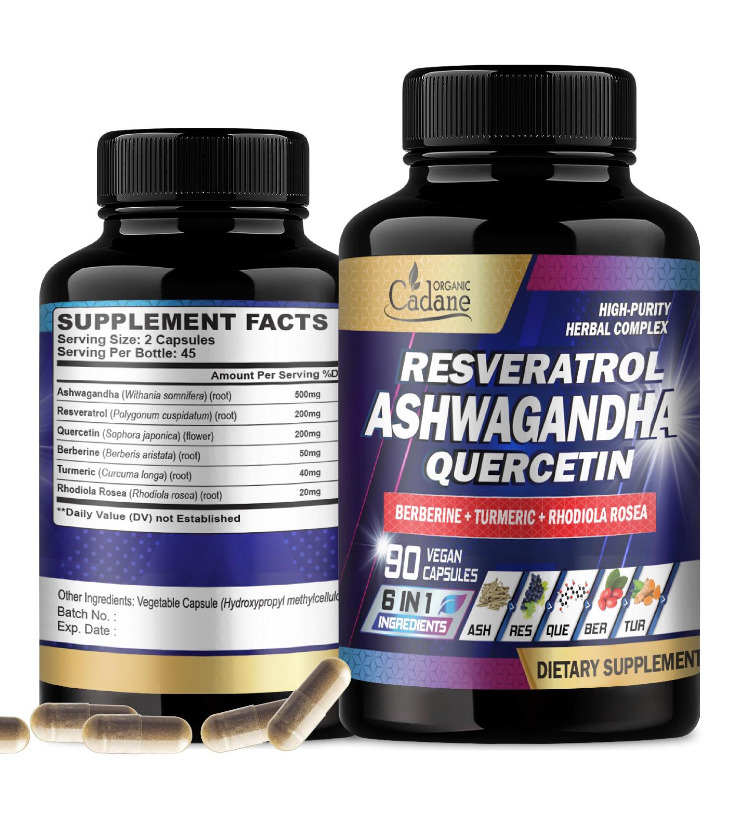 Organic Cadane Ashwagandha Supplements - 6 Premium Ingredients with Resveratrol Quercetin Berberine Turmeric Rhodiola Rosea - 90 Extract Capsules - Buy Online on GoSupps.com
