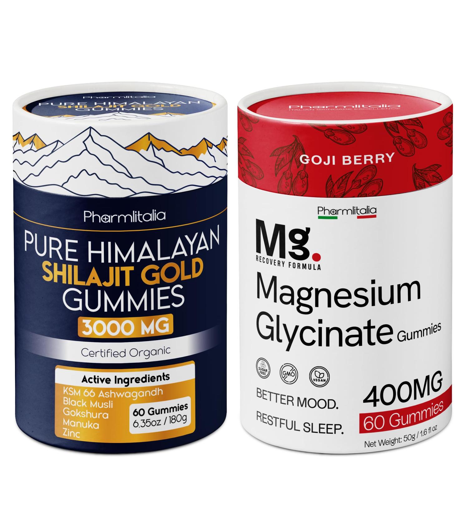 Magnesium Glycinate & Pure Himalayan Shilajit Gummies Bundle Sleep Muscle Recovery & Energy Vegan High Absorption Magnesium 400mg + Gold Shilajit Gummies for Stamina & Wellness 2 x 60 Count - Buy Online on GoSupps.com