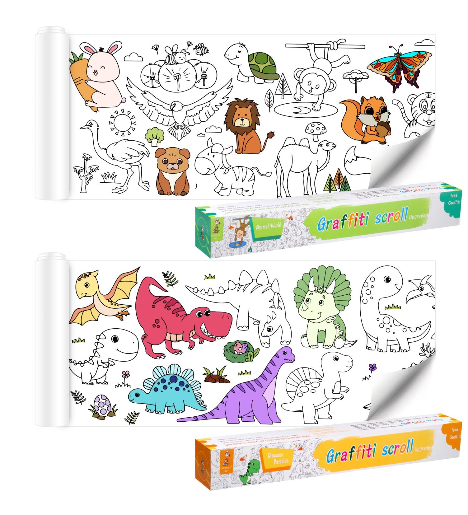2Pcs Children's Drawing Roll - DIY Painting Paper Roll for Kids - Dinosaur & Animal Coloring Stickers - 118X14.9 Inch - Buy Online on GoSupps.com