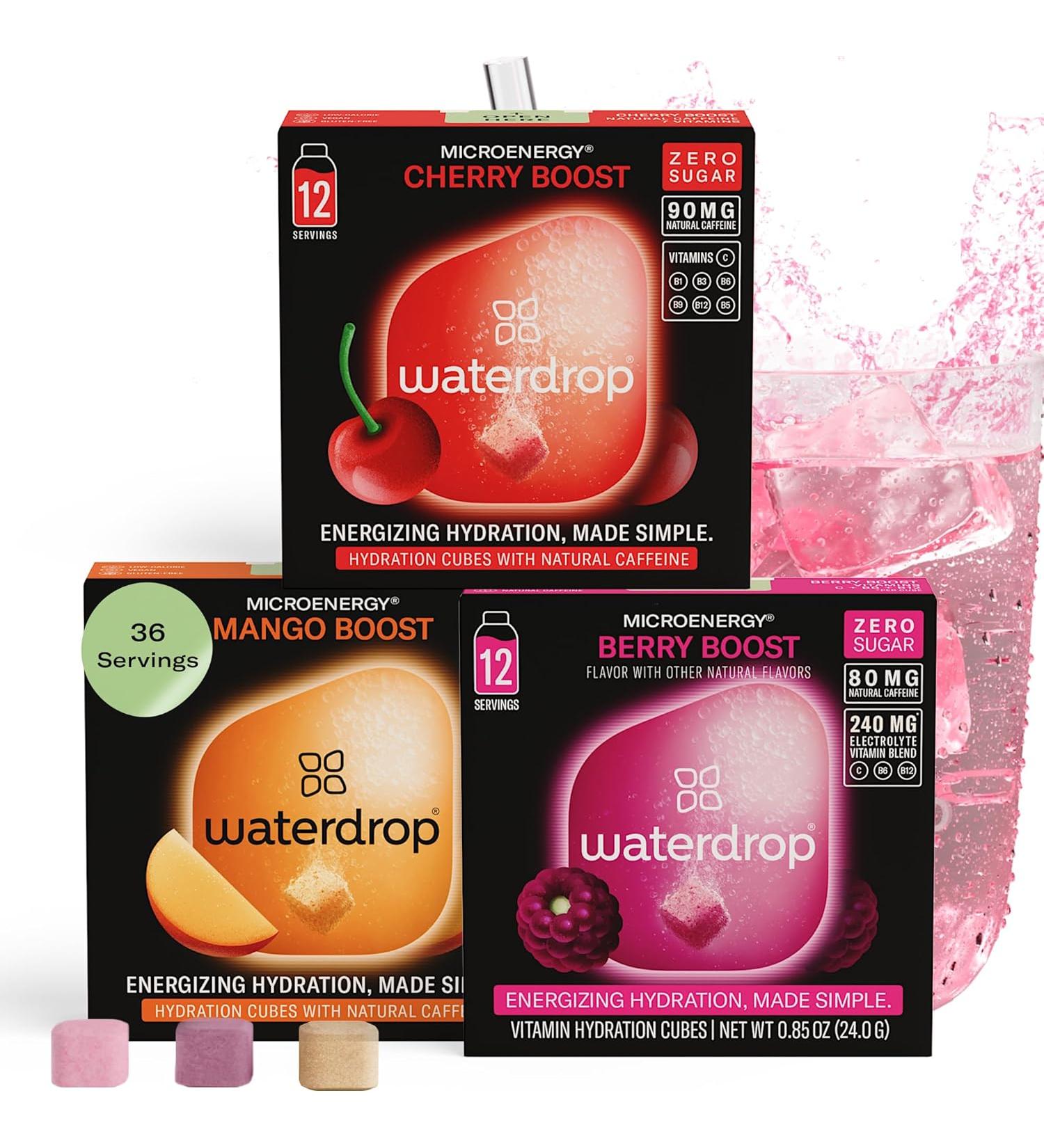 Waterdrop Microenergy Set Energy Drink 36 Water Flavouring Hydration Cubes Sugar Free Low Calorie Fizzy Drinks 90 mg Natural Caffeine Vitamin C and B - Blackberry & Mango & Cherry - Pack Of 3 - Buy Online on GoSupps.com
