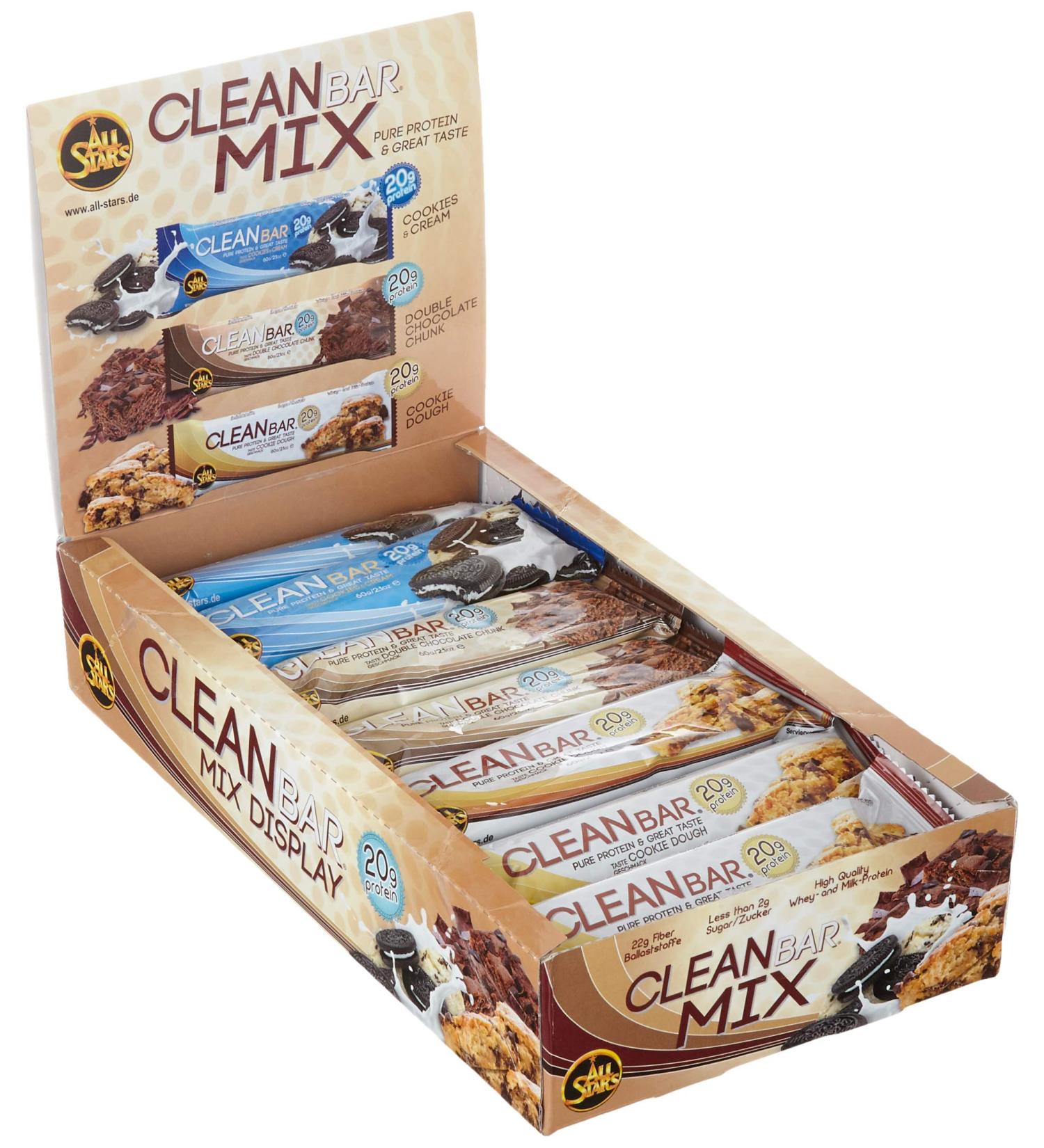 All Stars Clean Bar Mix Box | 18 High-Quality Whey & Milk Protein Bars | Low-Calorie Fitness Snack | 20% Protein | 3 Delicious Flavors - Buy Online on GoSupps.com