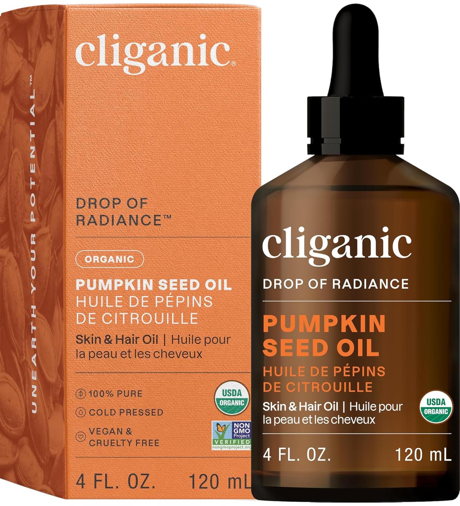 Cliganic Organic Pumpkin Seed Oil - 100% Pure | For Face & Hair | Cold Pressed Unrefined - 4 Fl Oz - Buy Online on GoSupps.com