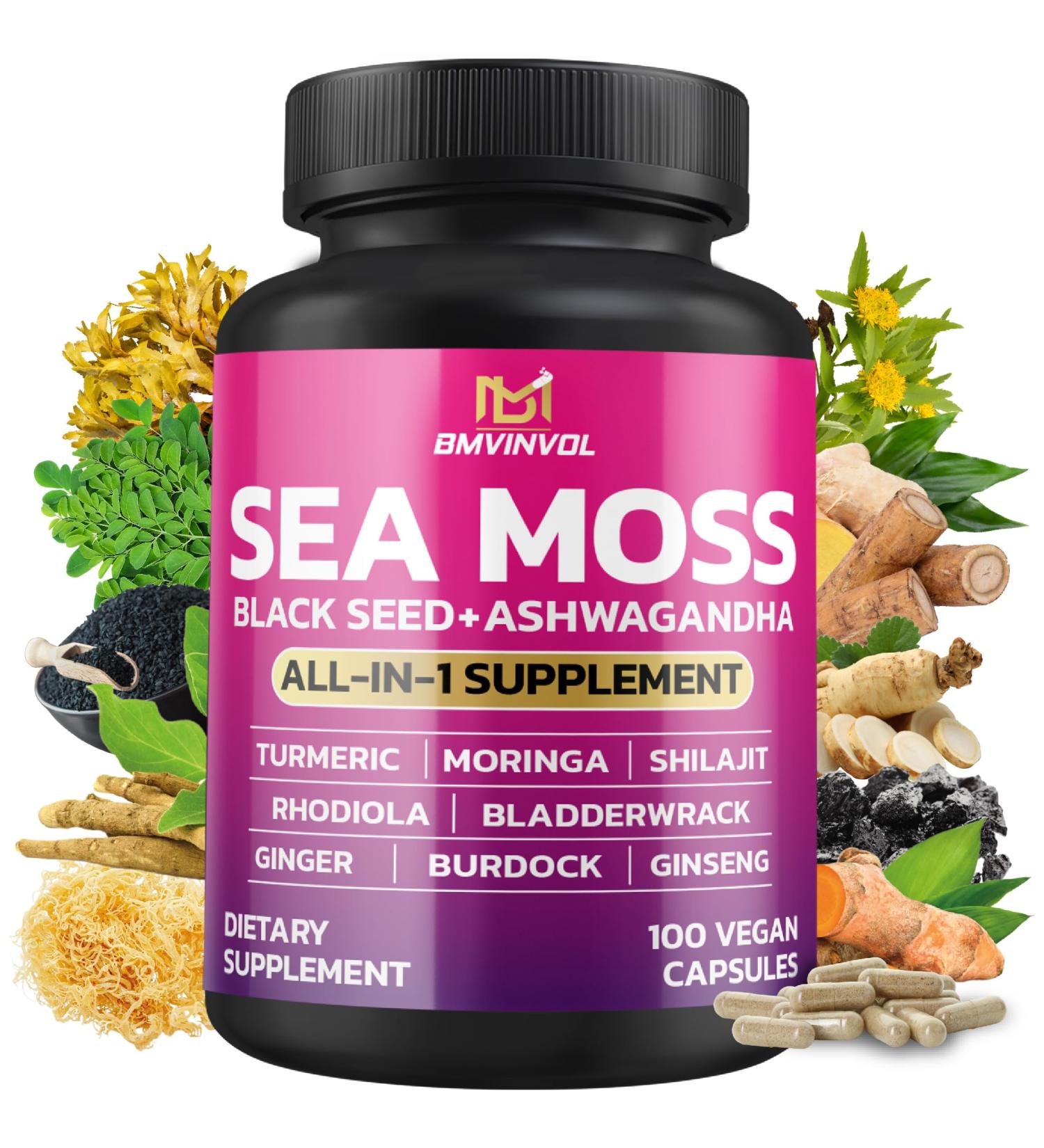 BMVINVOL Sea Moss Black Seed Shilajit Ashwagandha + Bladderwrack Ginger Moringa Turmeric Burdock Ginseng Rhodiola Rosea - 100 Capsules - Buy Online on GoSupps.com