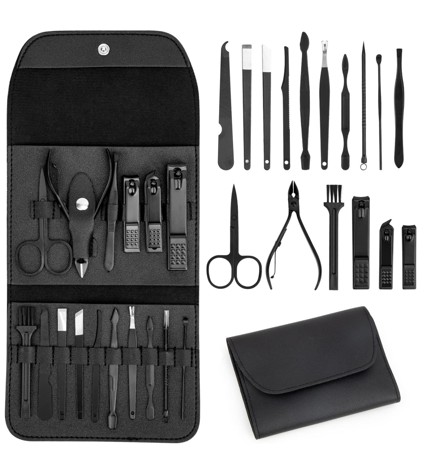 Professional 16Pcs Nail Clippers Set | Men's & Women's Manicure Pedicure Kit | Stainless Steel Travel Grooming Set with Tweezers & Cuticle Remover - Black - Buy Online on GoSupps.com