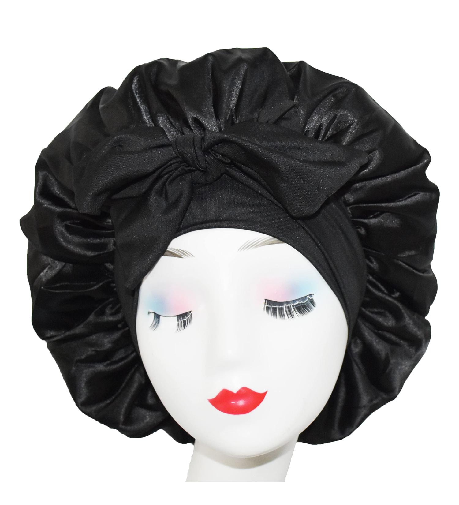 Queen Black Silk Bonnet - Satin Hair Bonnet for Sleeping - Stretchy Tie Band - Medium Size - Buy Online on GoSupps.com
