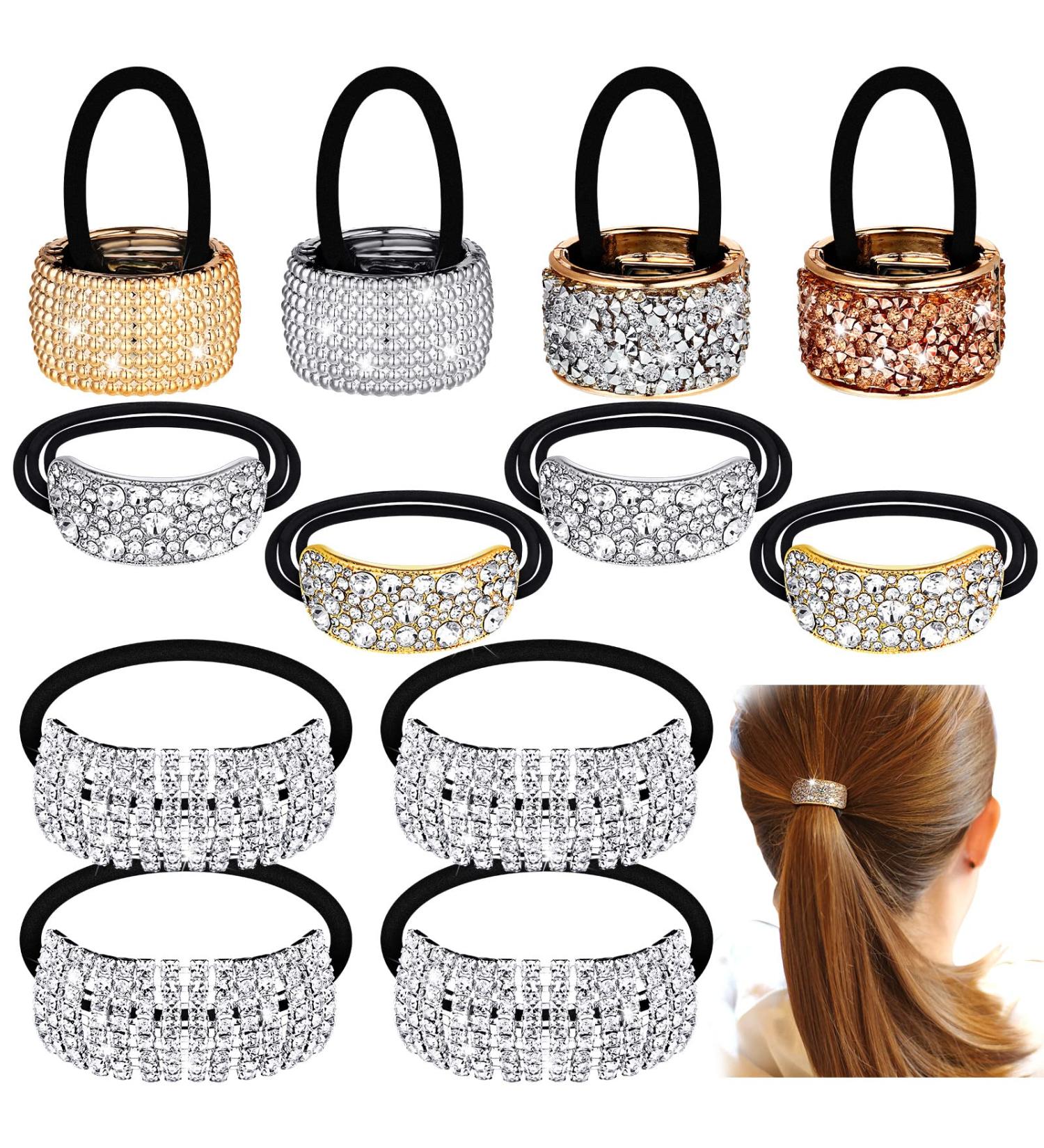 12 Pcs Rhinestone Ponytail Holder Cuffs - Crystal Hair Tie Accessories for Women and Girls - Mixed Colors - Buy Online on GoSupps.com