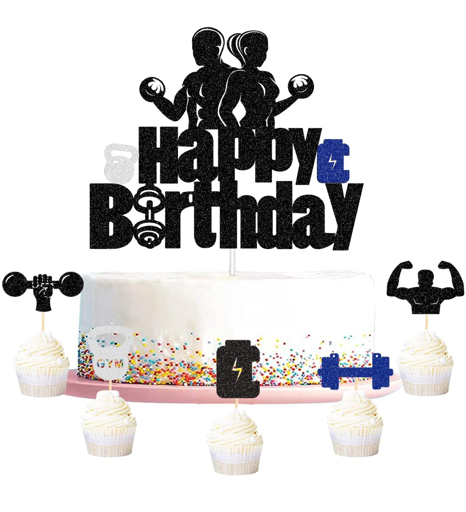 G-LOVELY'S Gym Happy Birthday Cake Toppers Glitter Fitness Themed Double Sided Cake Decorations Blue Silver Cupcake Toppers Kettlebell Dumbbell Energy Bottle Party Decor Supplies for Men Women Boys - Buy Online on GoSupps.com