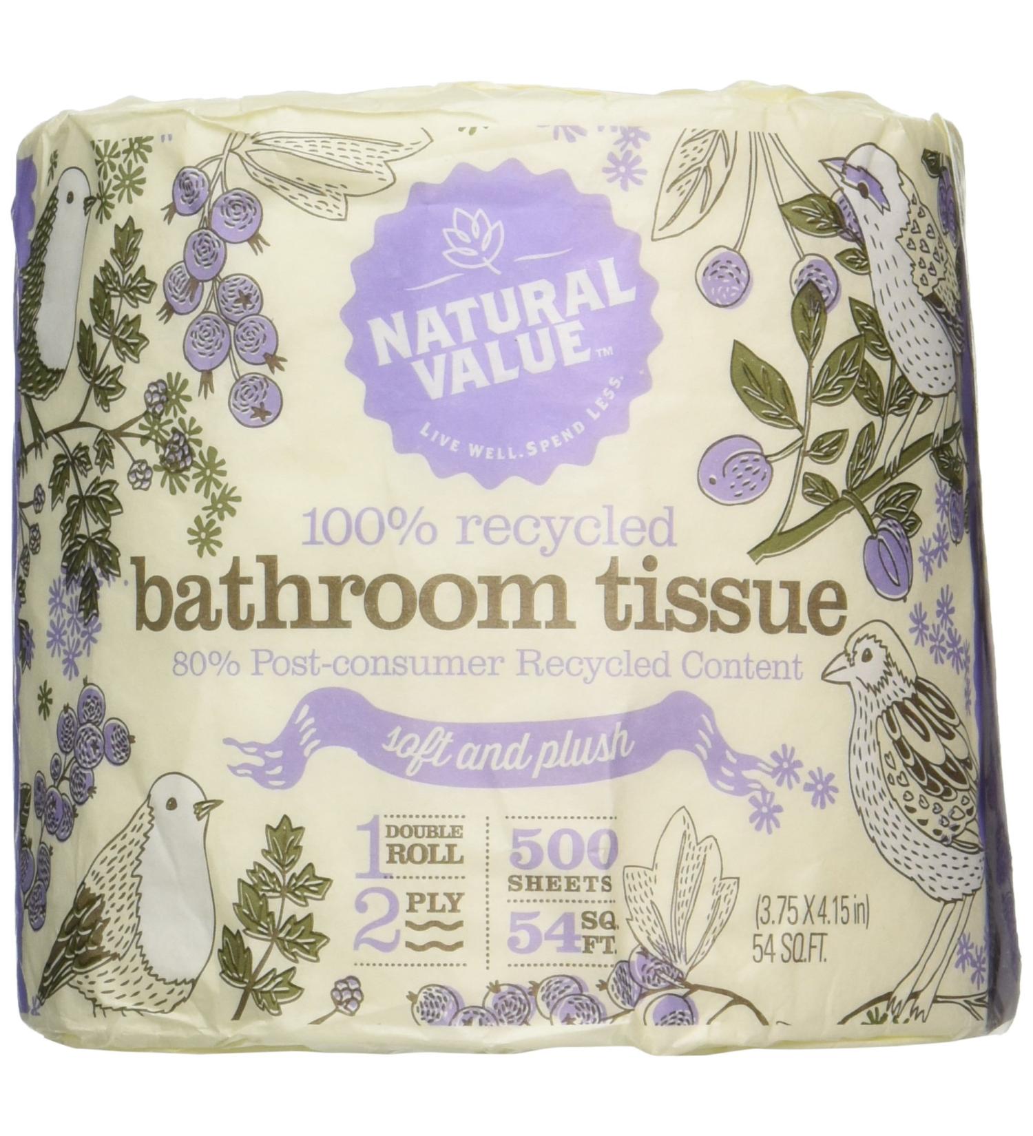 Natural Value 100% Recycled Bathroom Tissue, 500 2-Ply Sheets Per Roll (Pack of 48)